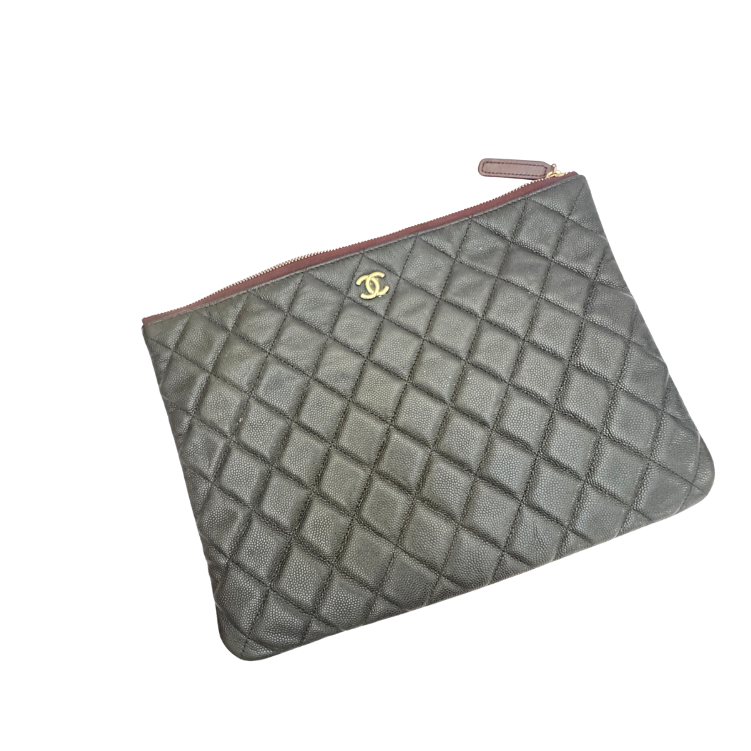 Chanel O Case Large Zip Pouch in Black Caviar Leather