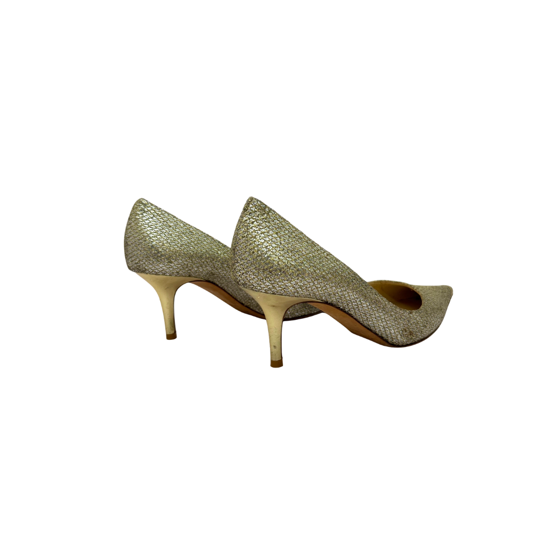 Jimmy Choo Romy 85 Pumps in Gold Glitter with Metallic Toe, Size 40