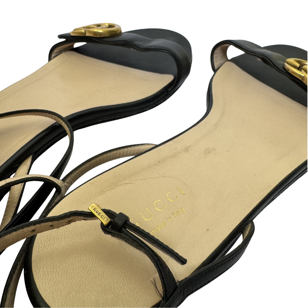 Gucci GG Marmont Flat Sandals in Black Leather - Size 39