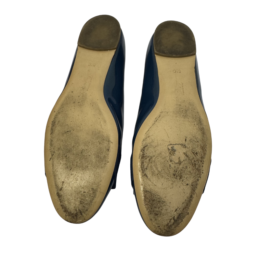 Salvatore Ferragamo Vara Bow Ballet Flats in Blue Patent Leather, Size 39
