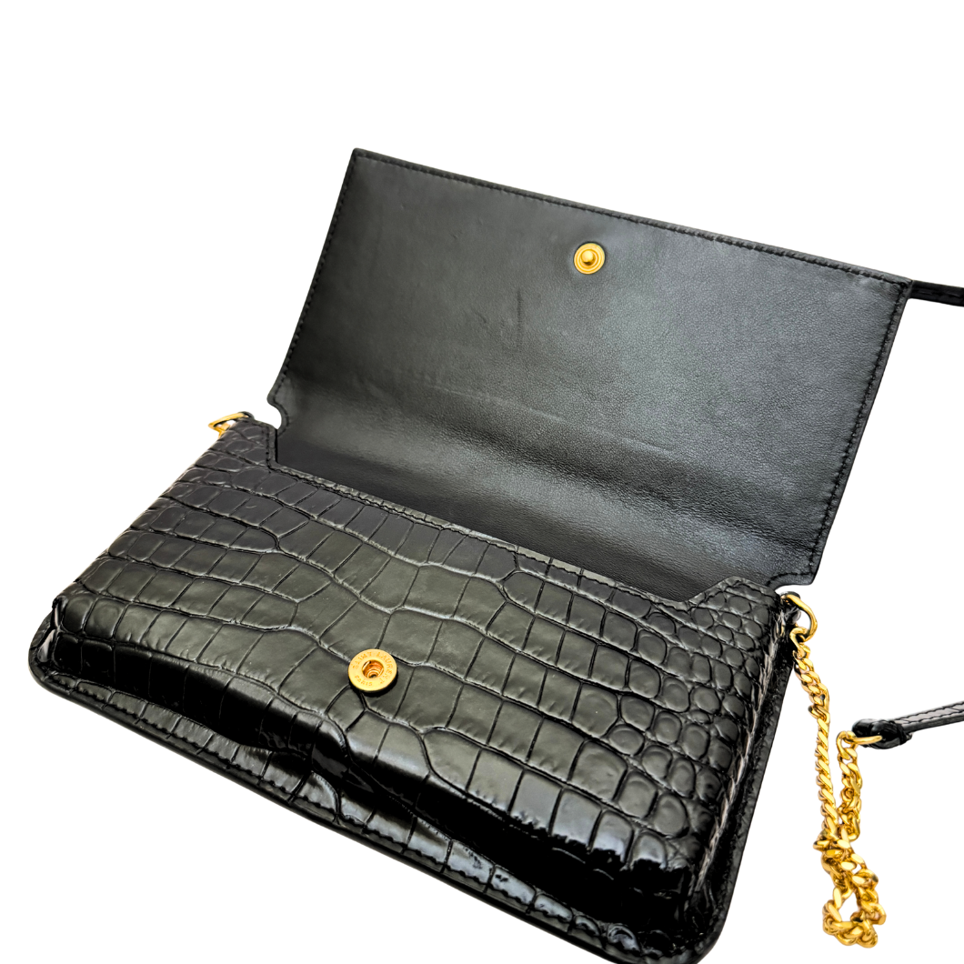 Saint Laurent Cassandre Phone Holder on Chain in Black Crocodile-Embossed Leather