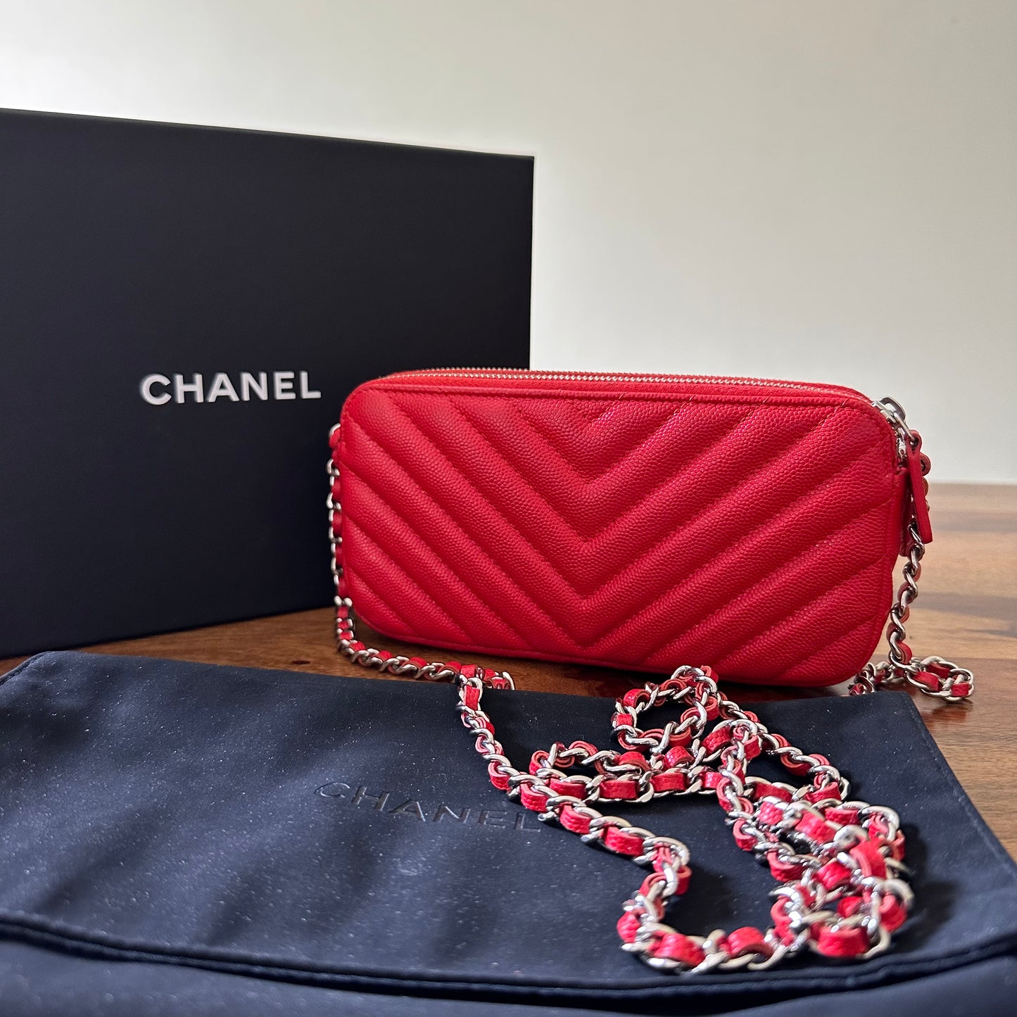 Chanel Red Caviar Leather Double Zip Wallet on Chain