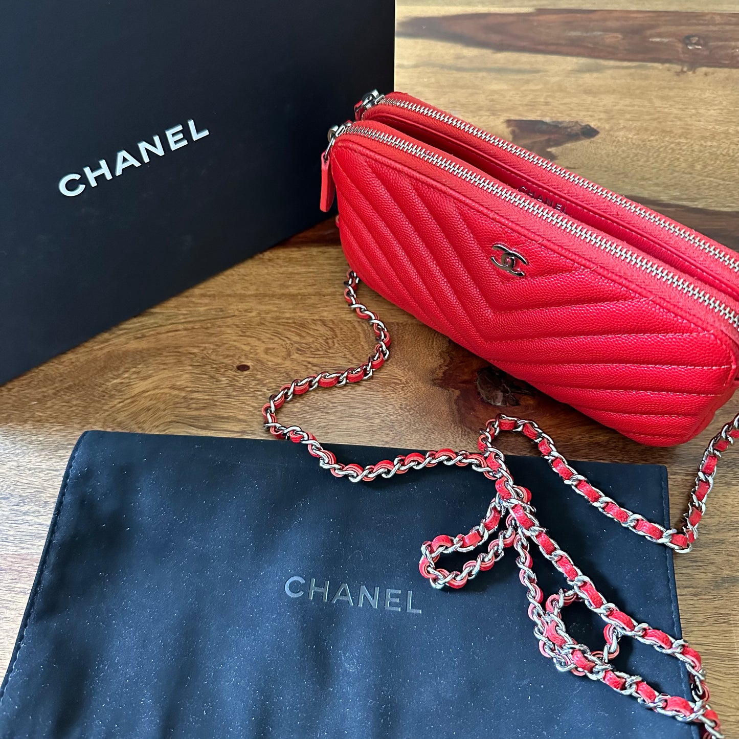 Chanel Red Caviar Leather Double Zip Wallet on Chain