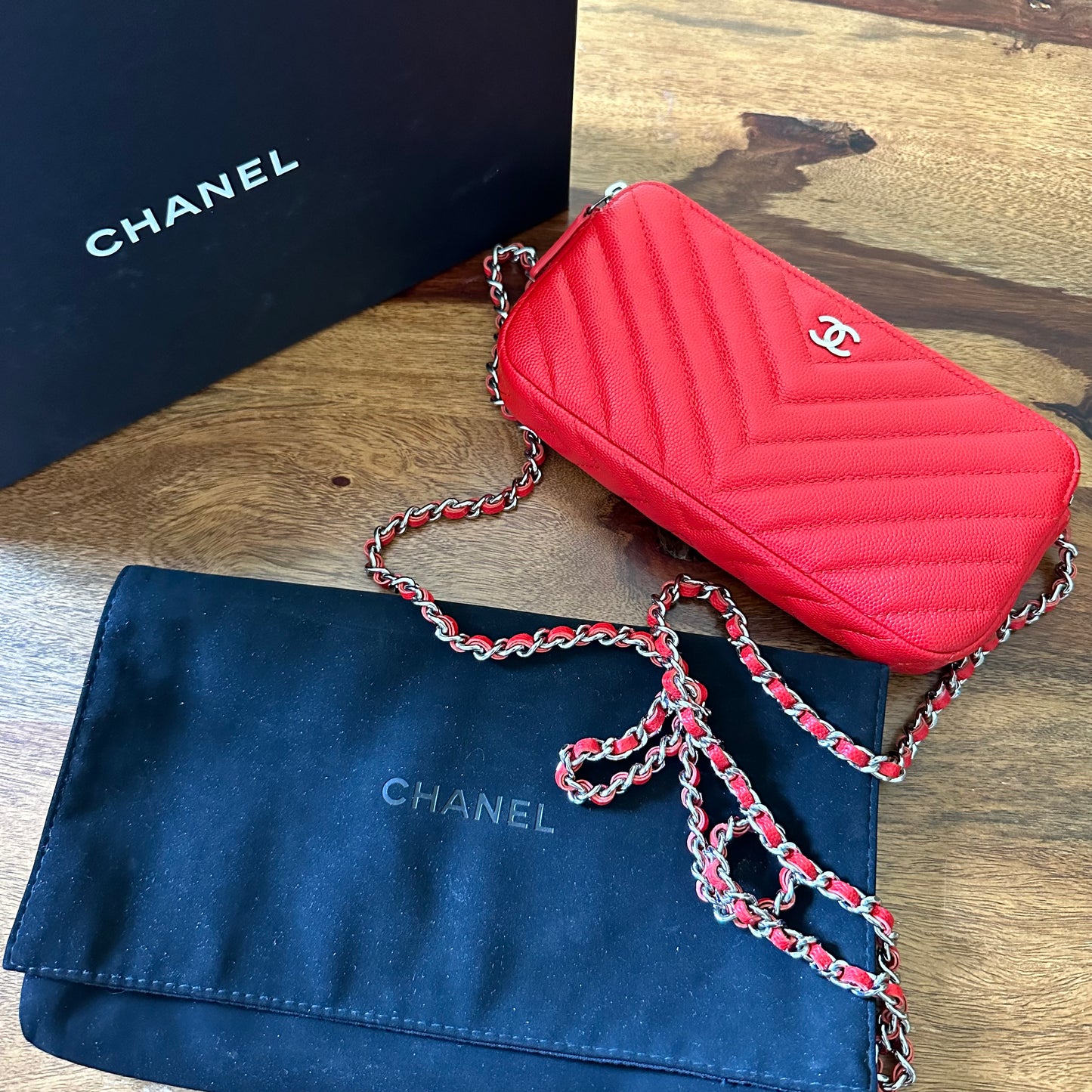 Chanel Red Caviar Leather Double Zip Wallet on Chain