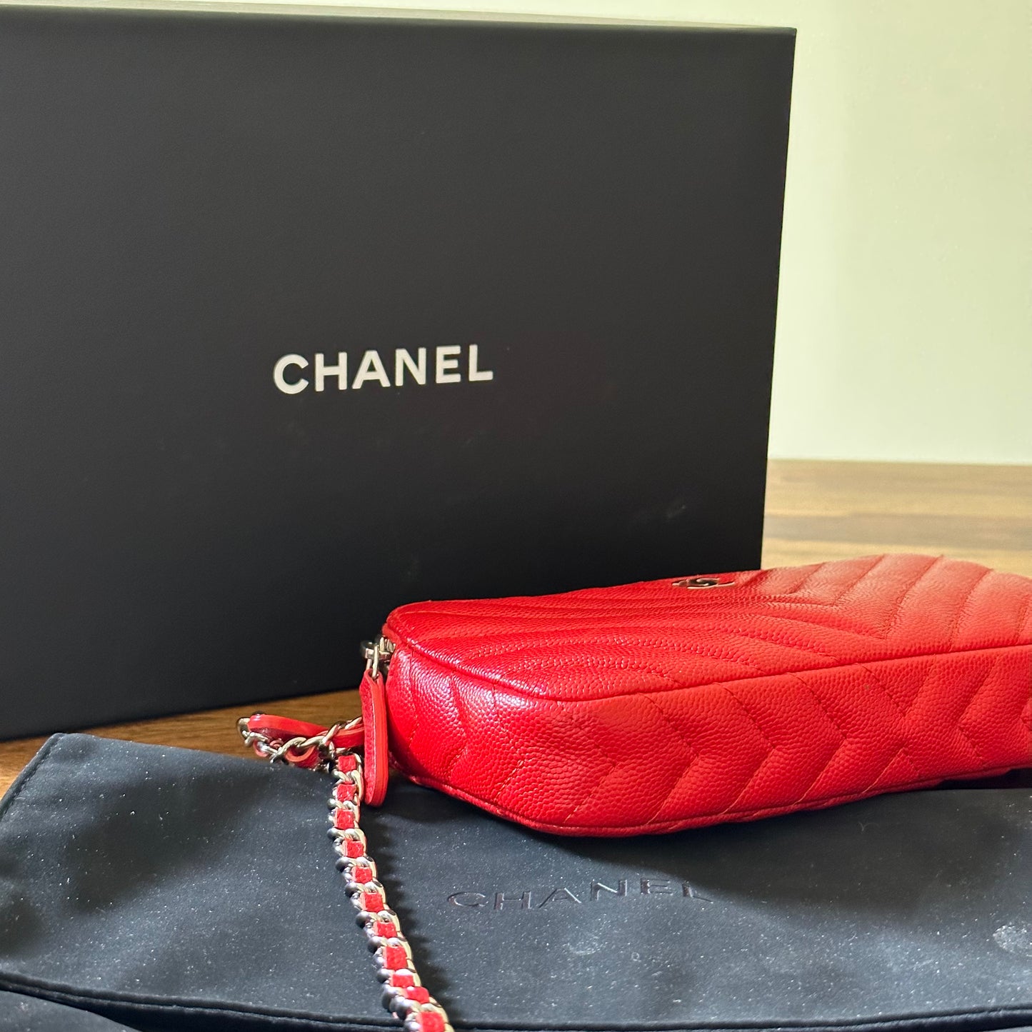 Chanel Red Caviar Leather Double Zip Wallet on Chain