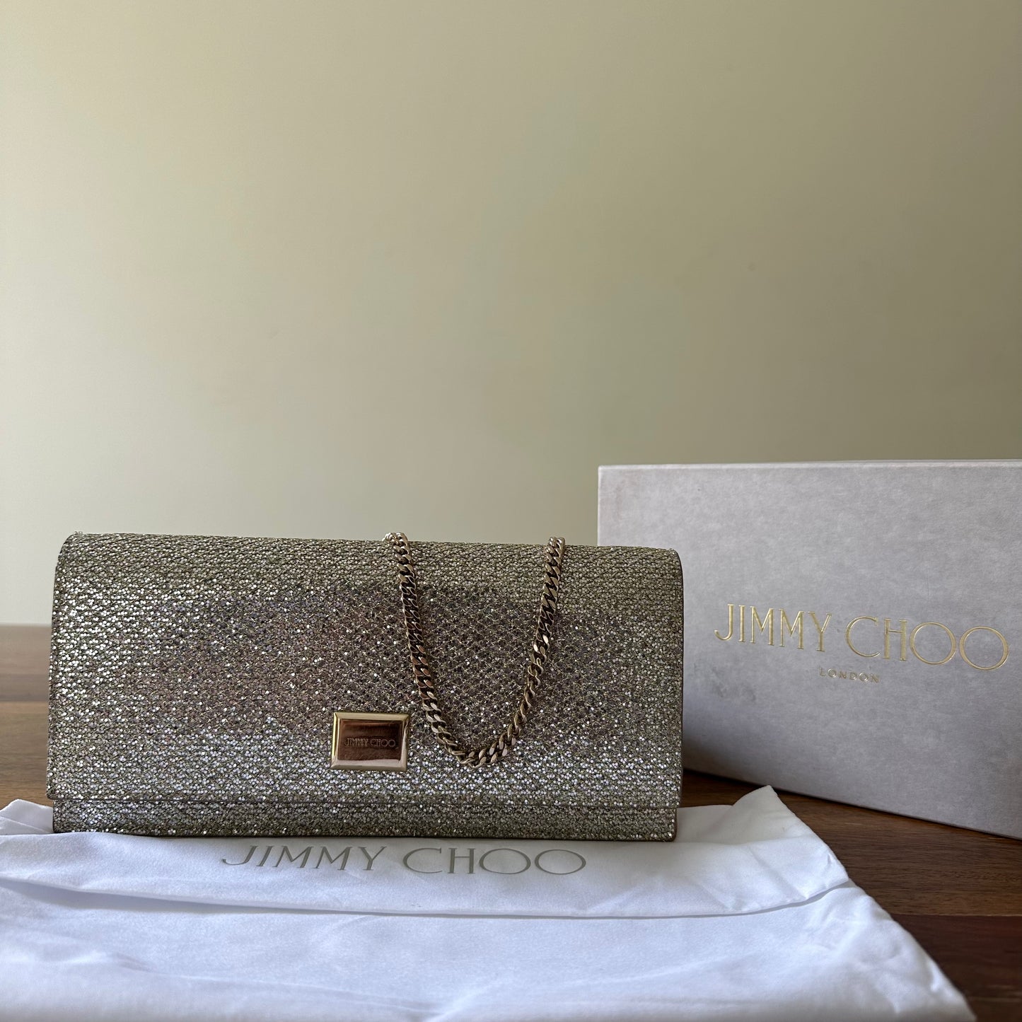 Jimmy Choo Lilia Glitter Chain Clutch in Silver