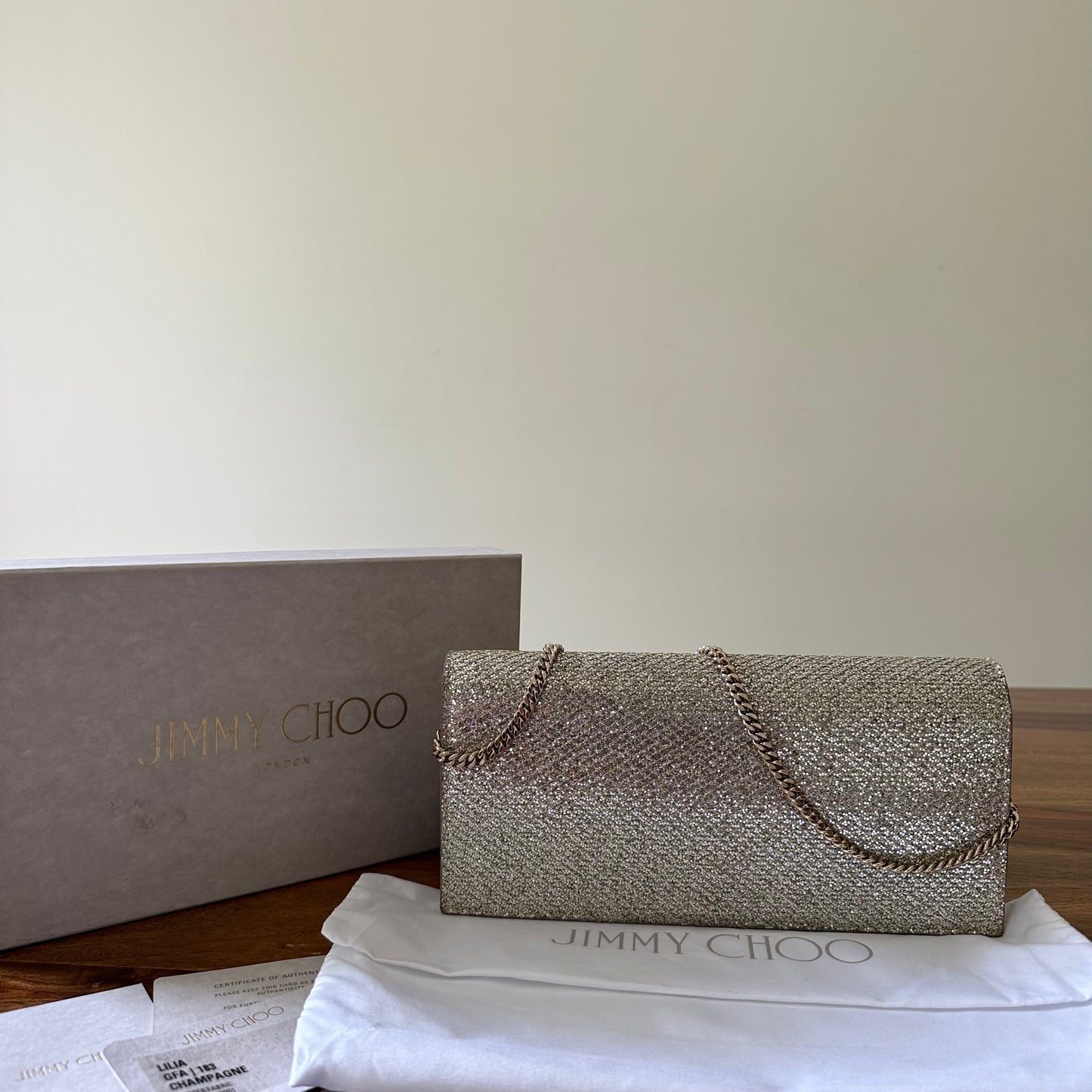 Jimmy Choo Lilia Glitter Chain Clutch in Silver