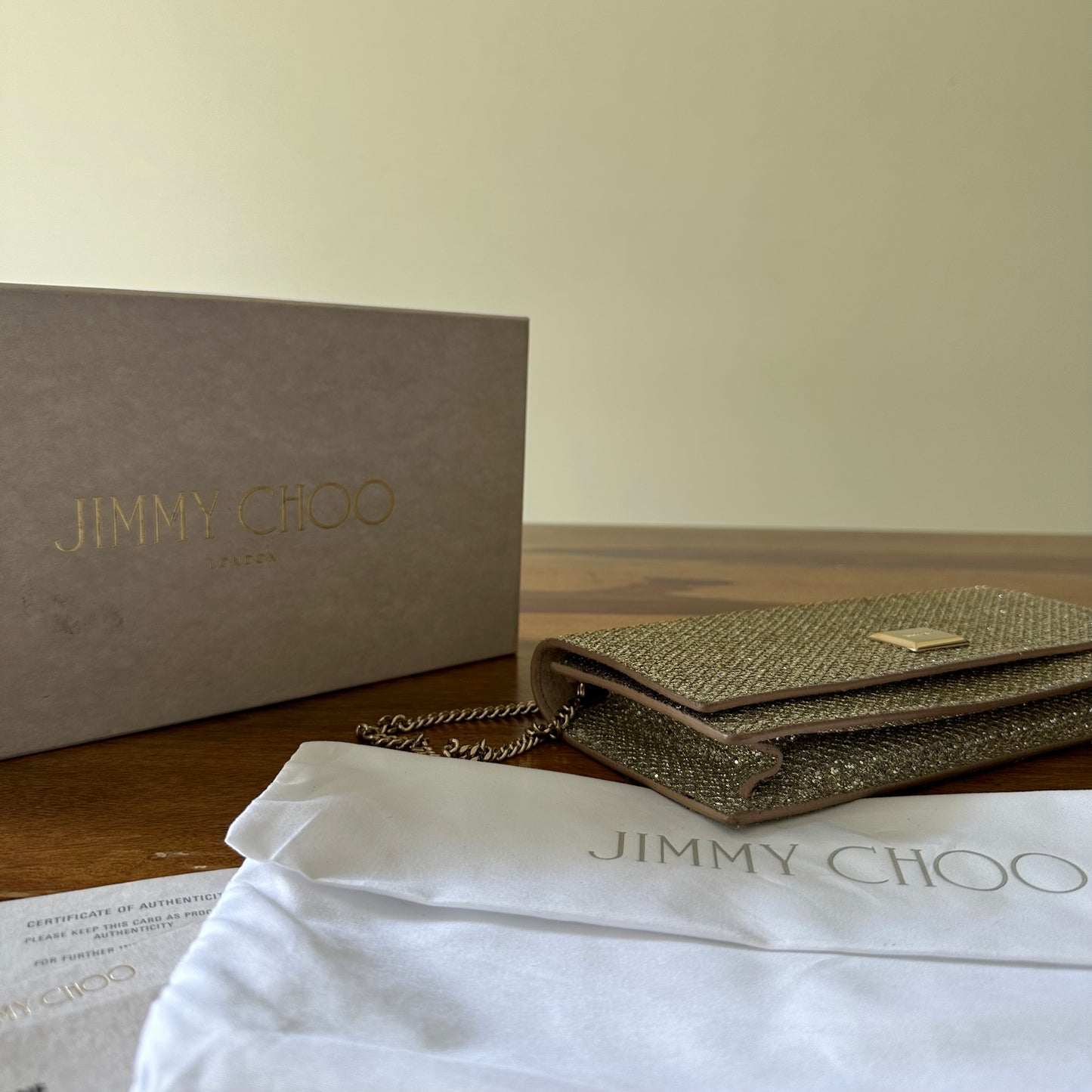 Jimmy Choo Lilia Glitter Chain Clutch in Silver