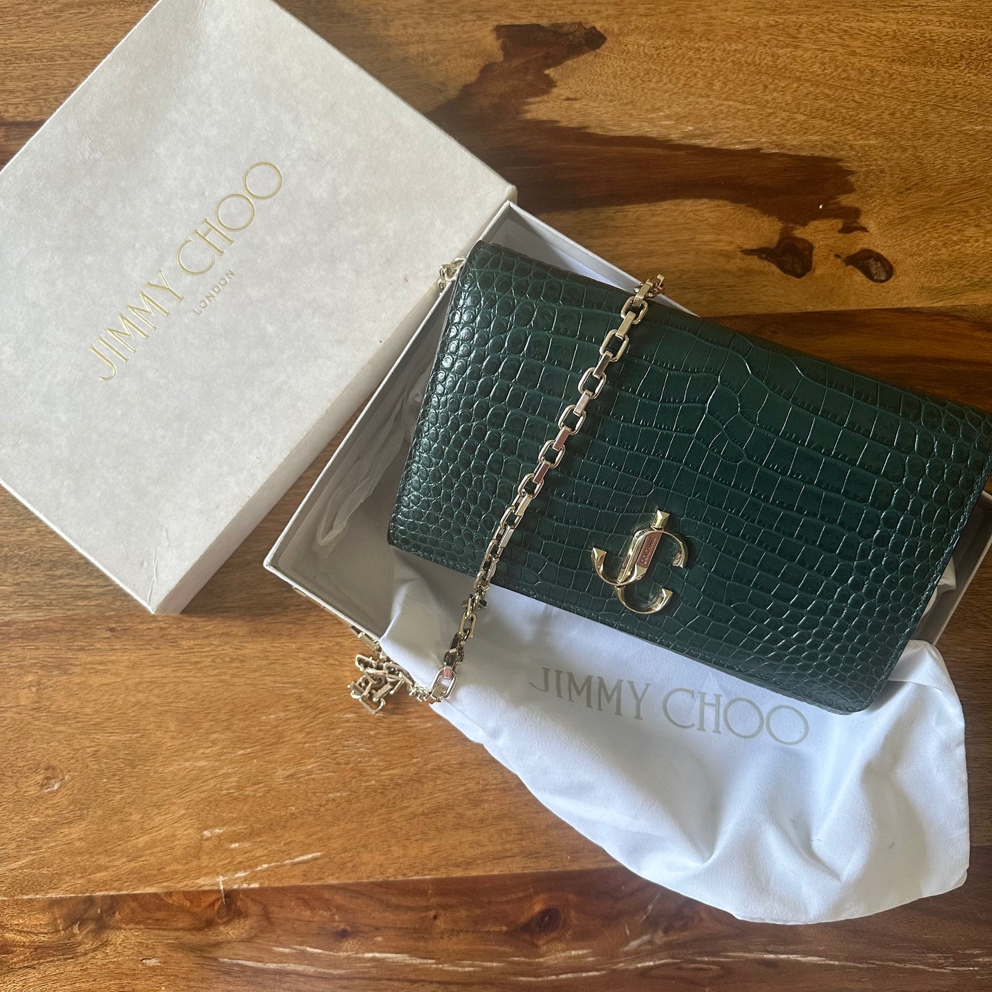 Jimmy Choo Green Embossed Leather Palace Chain Clutch