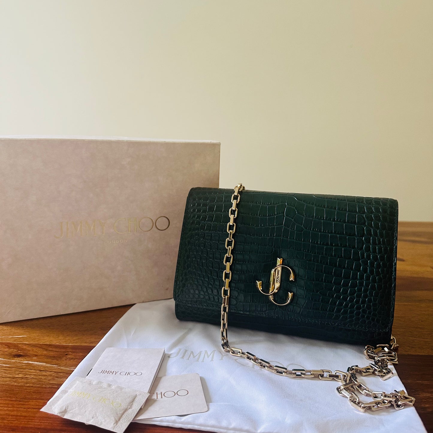 Jimmy Choo Green Embossed Leather Palace Chain Clutch