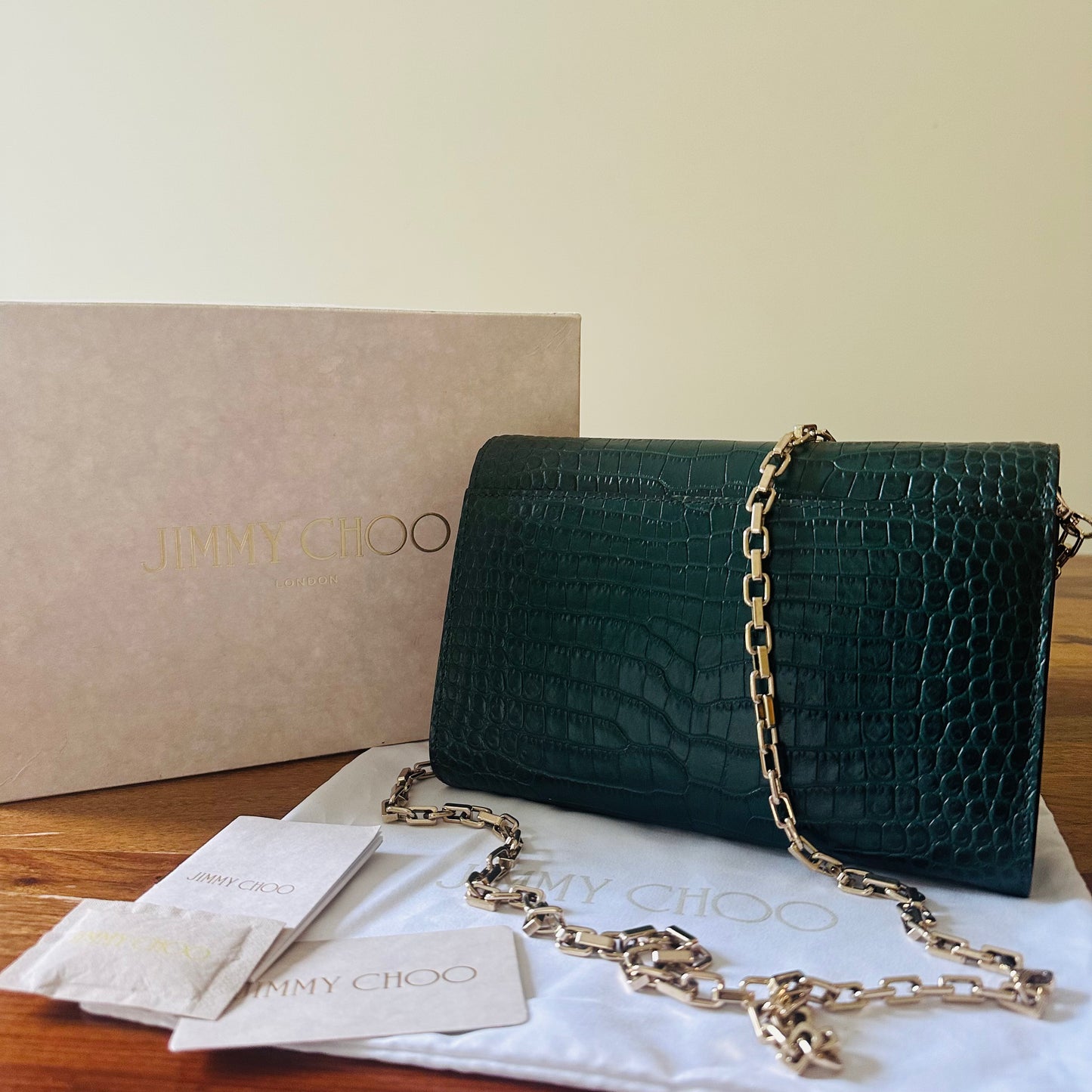 Jimmy Choo Green Embossed Leather Palace Chain Clutch