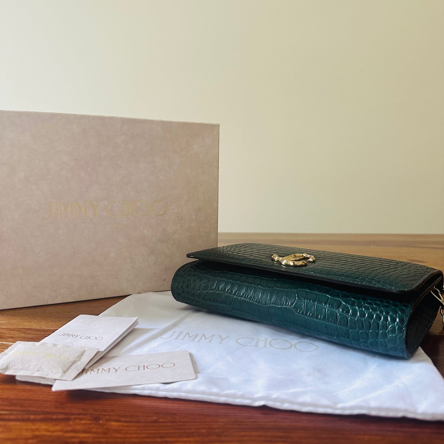 Jimmy Choo Green Embossed Leather Palace Chain Clutch