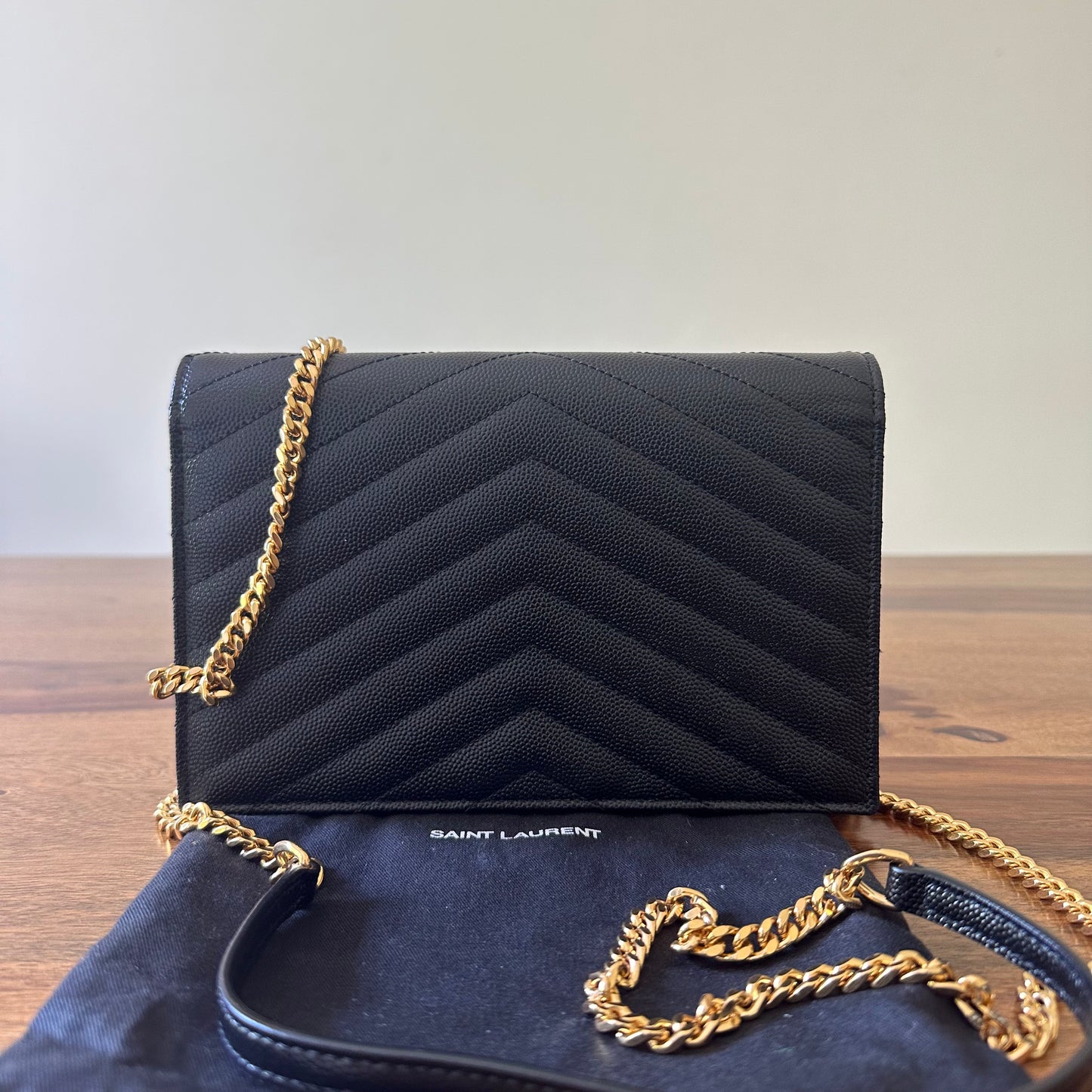 Saint Laurent Black Leather Uptown Wallet on Chain