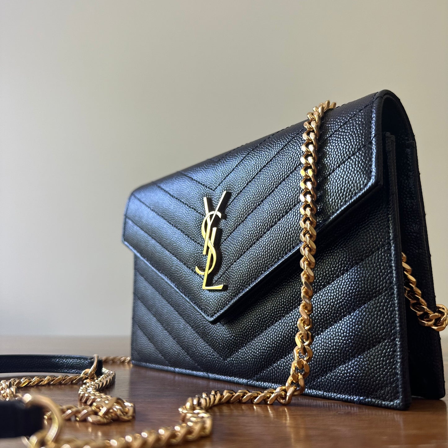 Saint Laurent Black Leather Uptown Wallet on Chain
