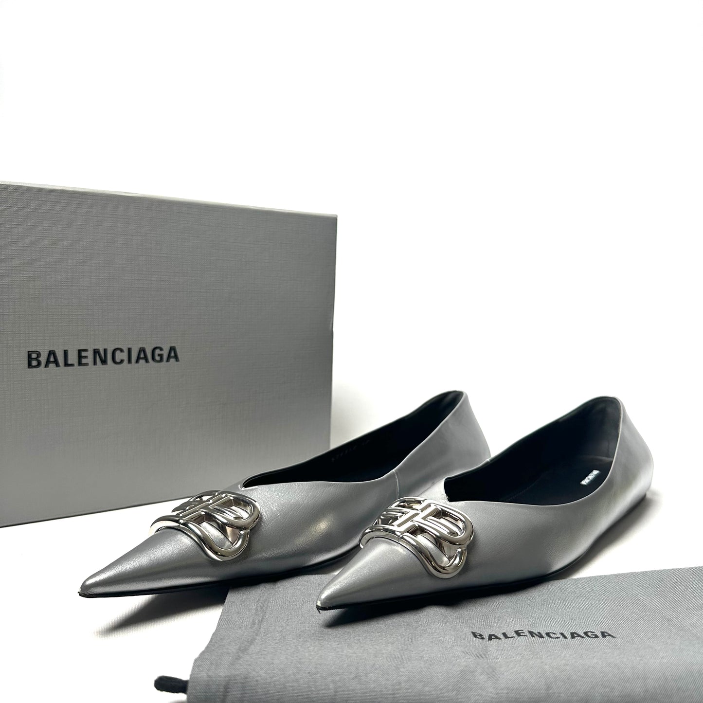 Balenciaga Silver Leather Ballet Flats - Size 40