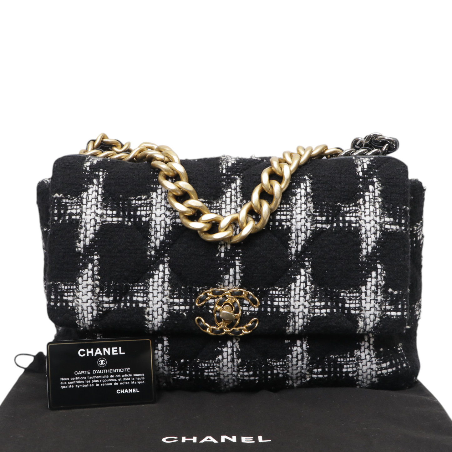 Chanel 19 Large Quilted Houndstooth Tweed and Leather Flap Bag