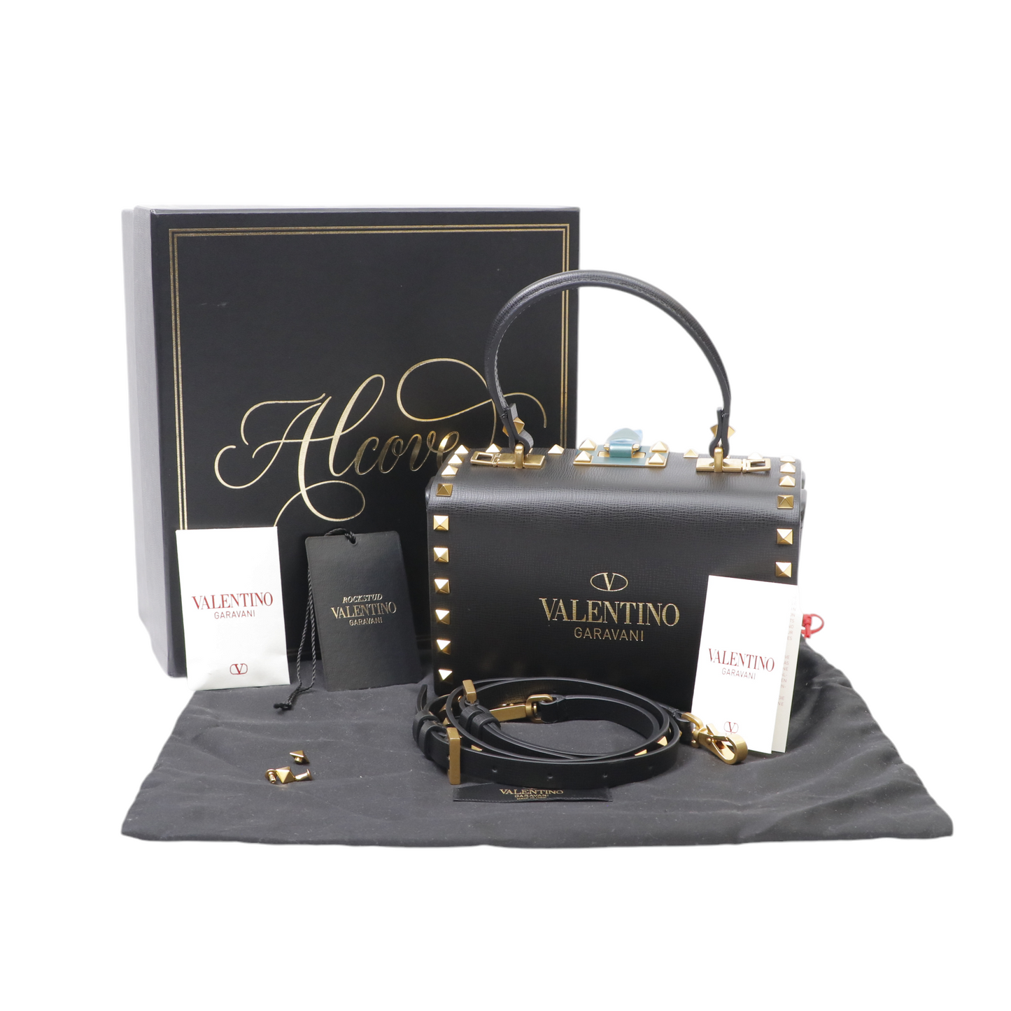 Valentino Black Leather Rockstud Alcove Box Top Handle Bag