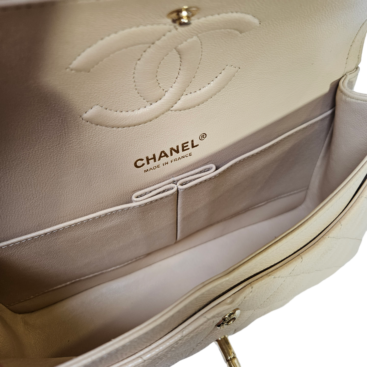 Chanel Classic Medium Double Flap Bag in Beige Caviar Leather