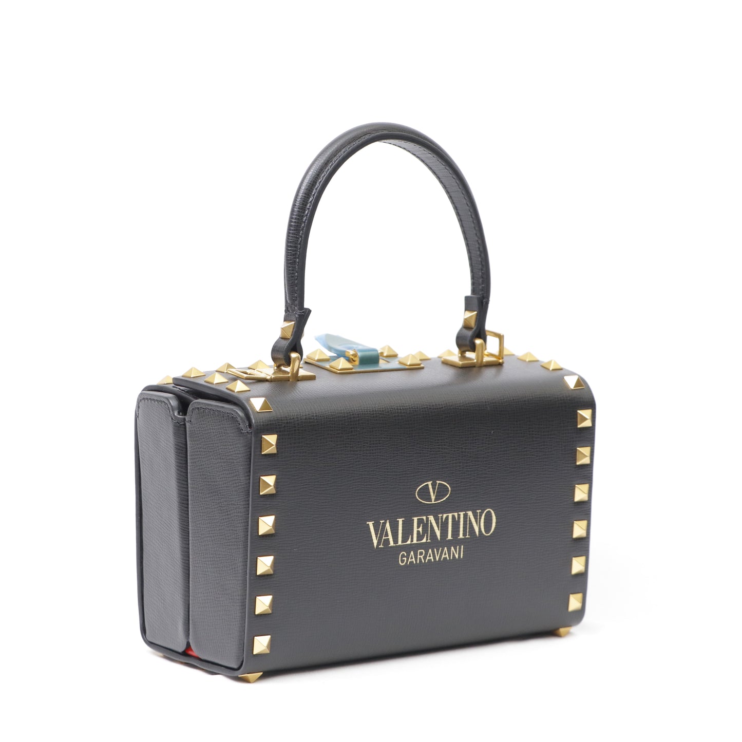 Valentino Black Leather Rockstud Alcove Box Top Handle Bag