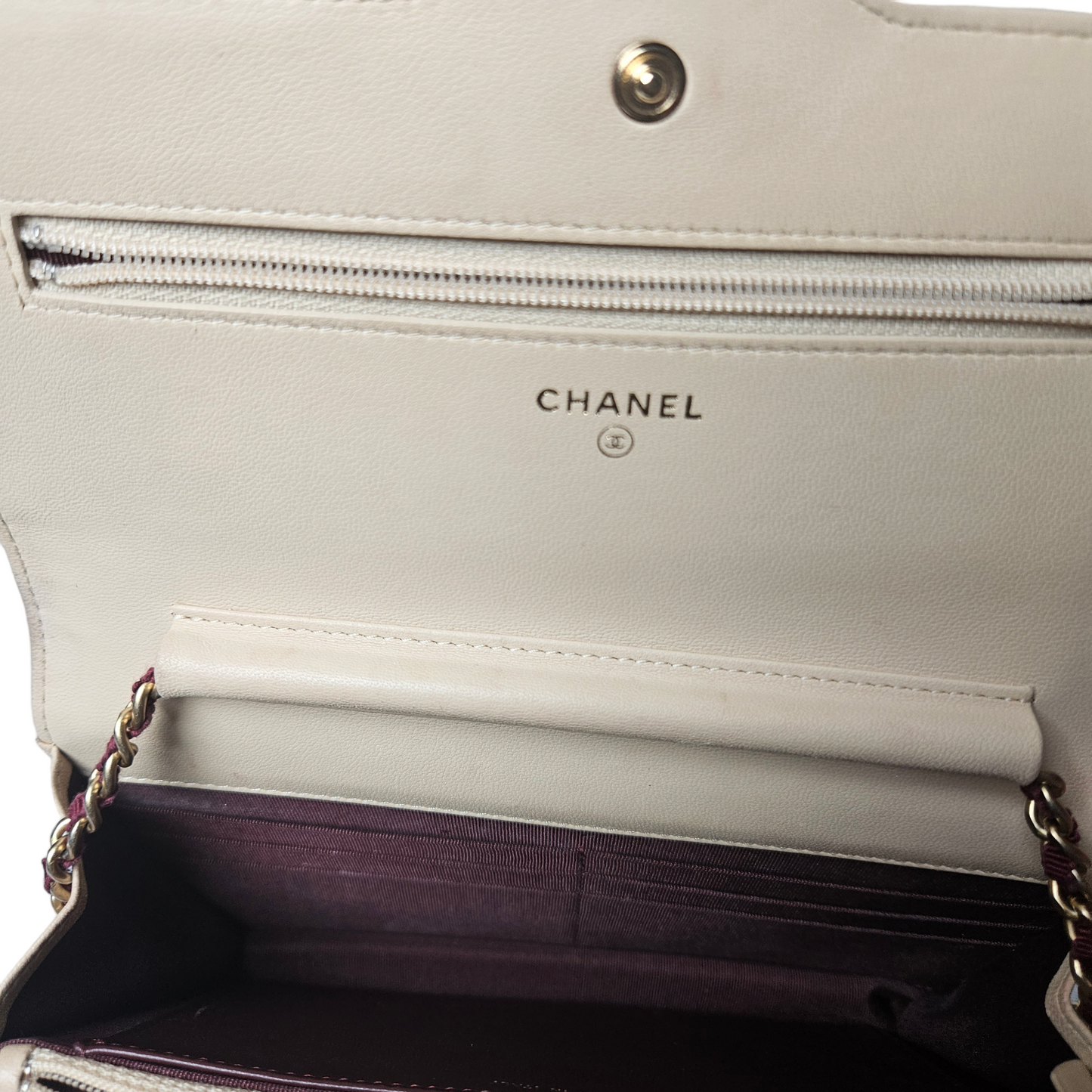 Chanel Beige/Burgundy Classic Wallet on Chain