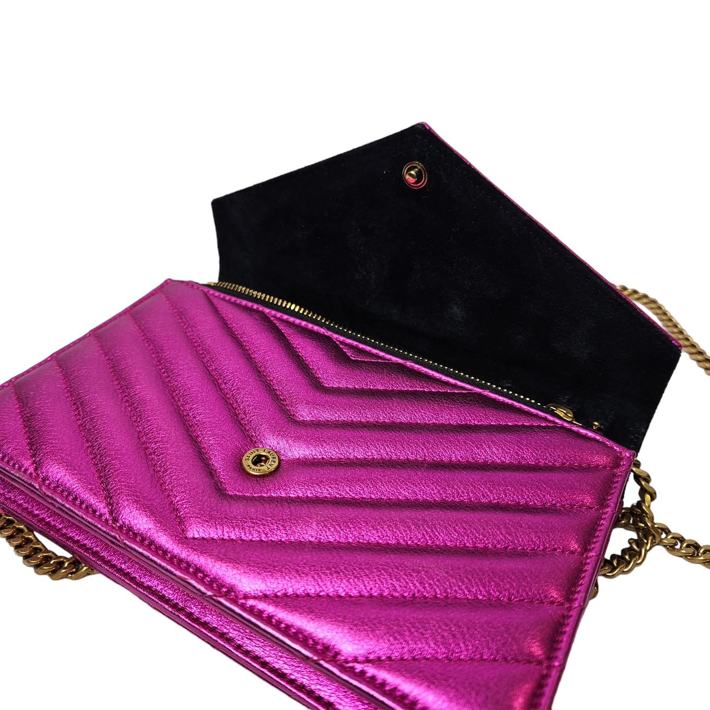 Saint Laurent Metallic Pink Wallet on Chain