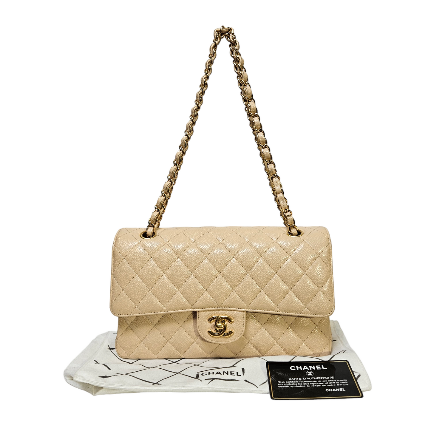 Chanel Classic Medium Double Flap Bag in Beige Caviar Leather