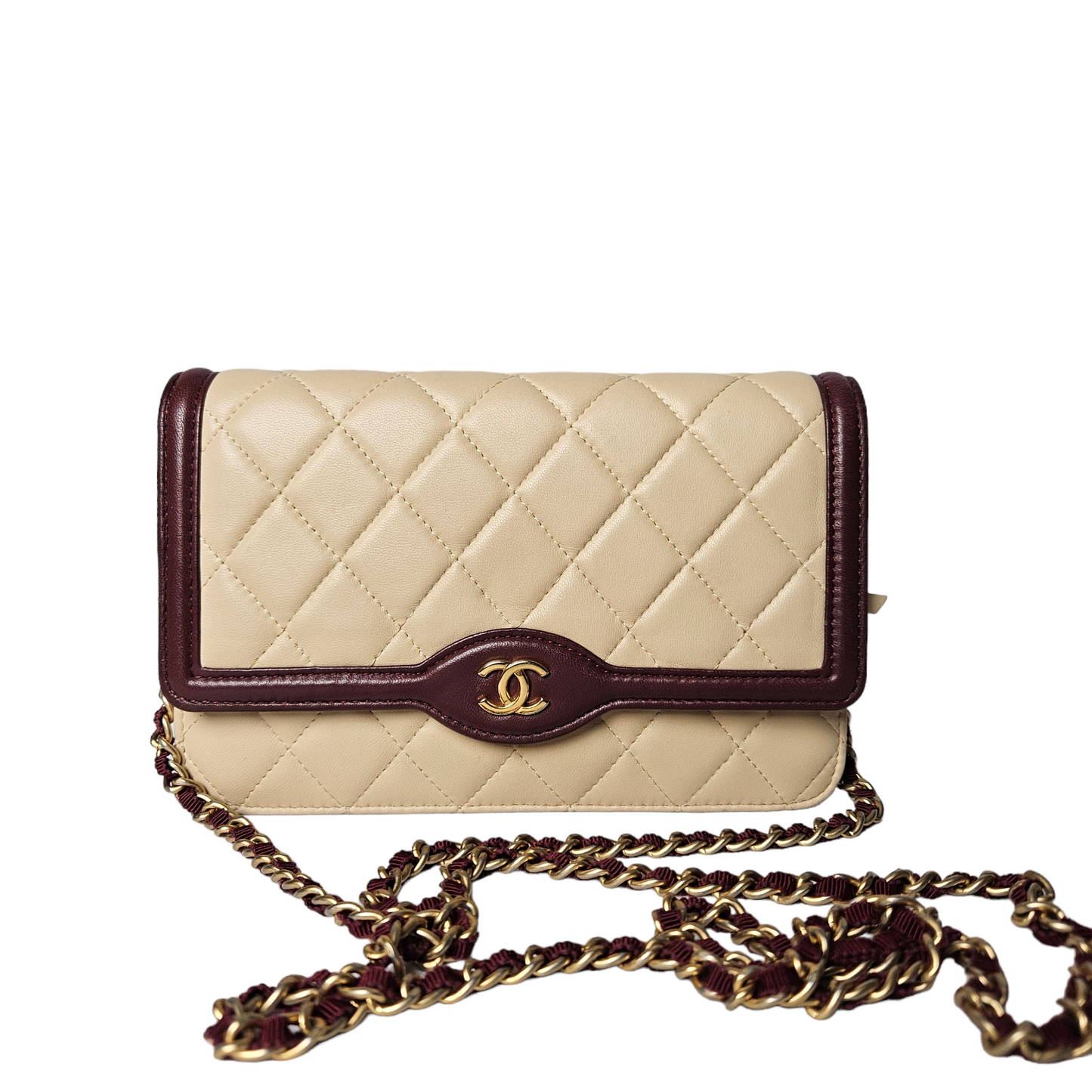 Chanel Beige/Burgundy Classic Wallet on Chain