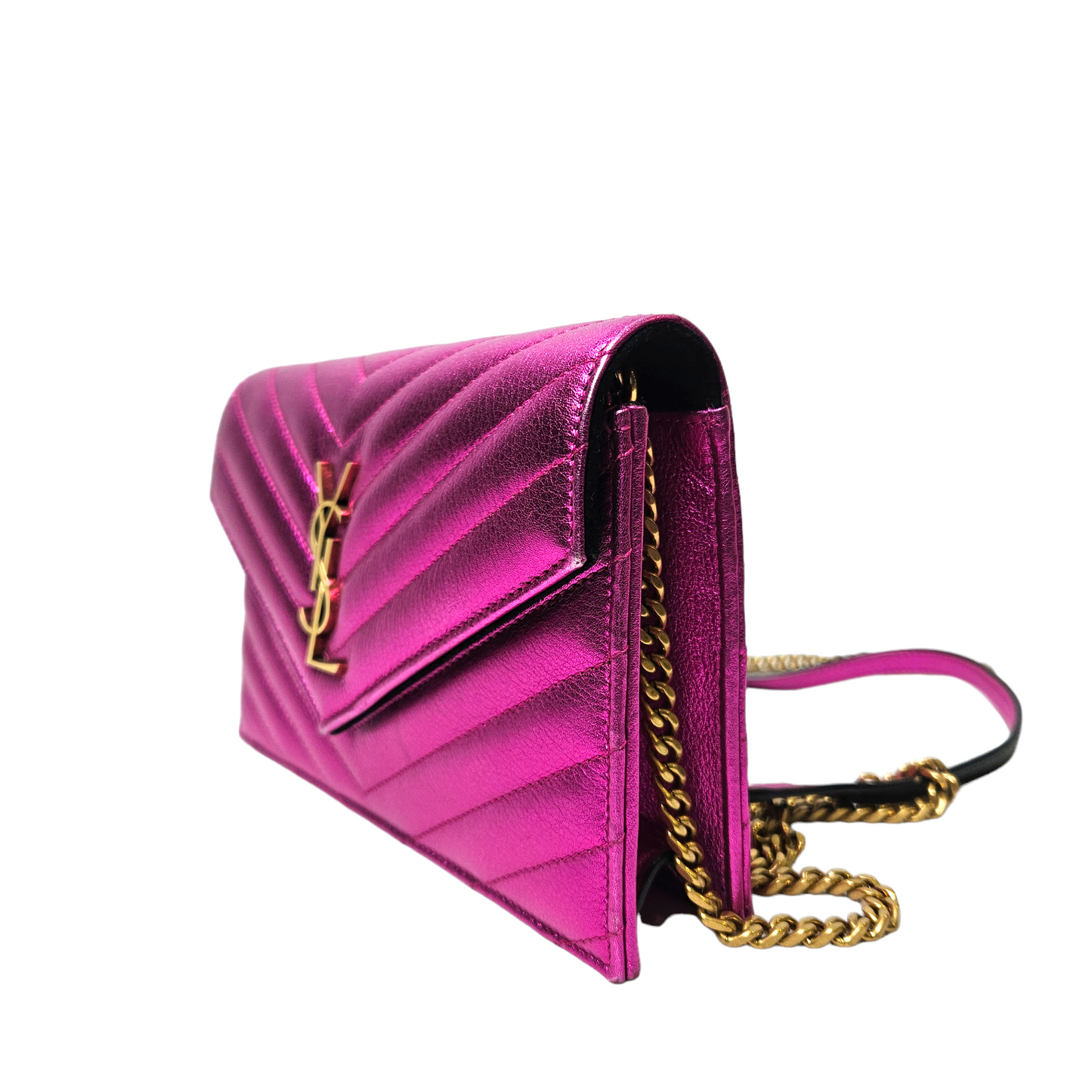 Saint Laurent Metallic Pink Wallet on Chain