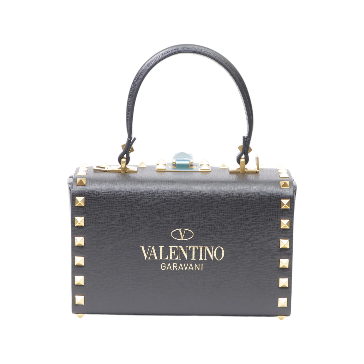 Valentino Black Leather Rockstud Alcove Box Top Handle Bag