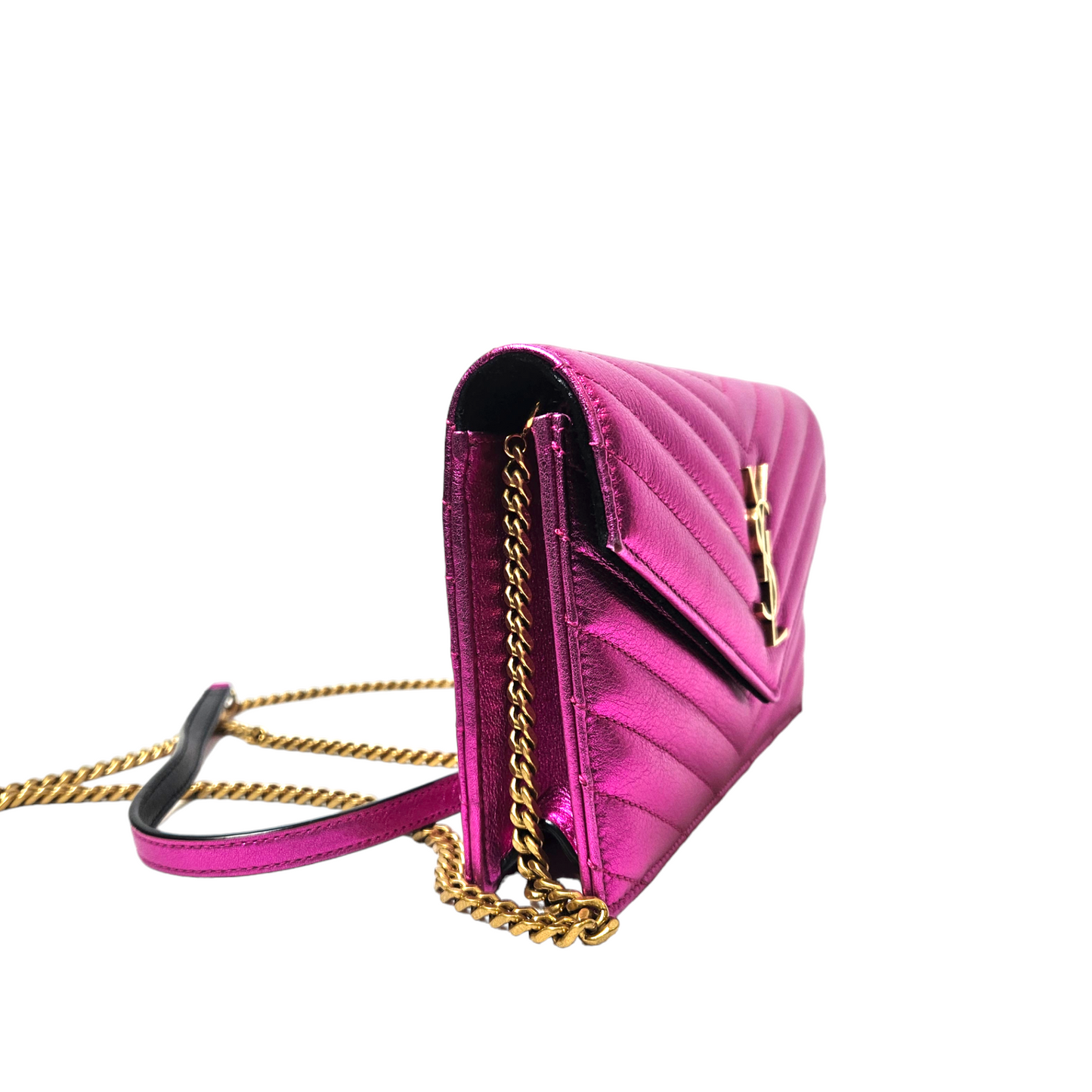 Saint Laurent Metallic Pink Wallet on Chain