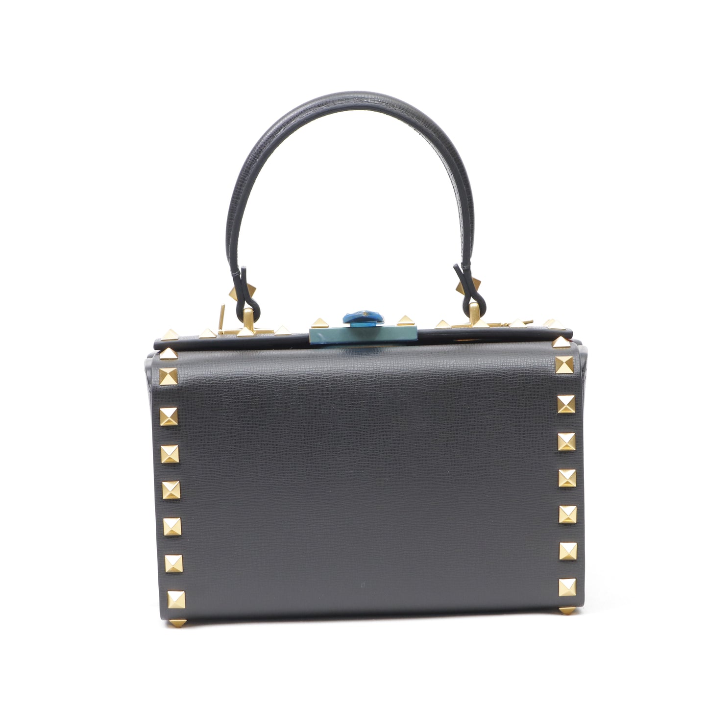 Valentino Black Leather Rockstud Alcove Box Top Handle Bag