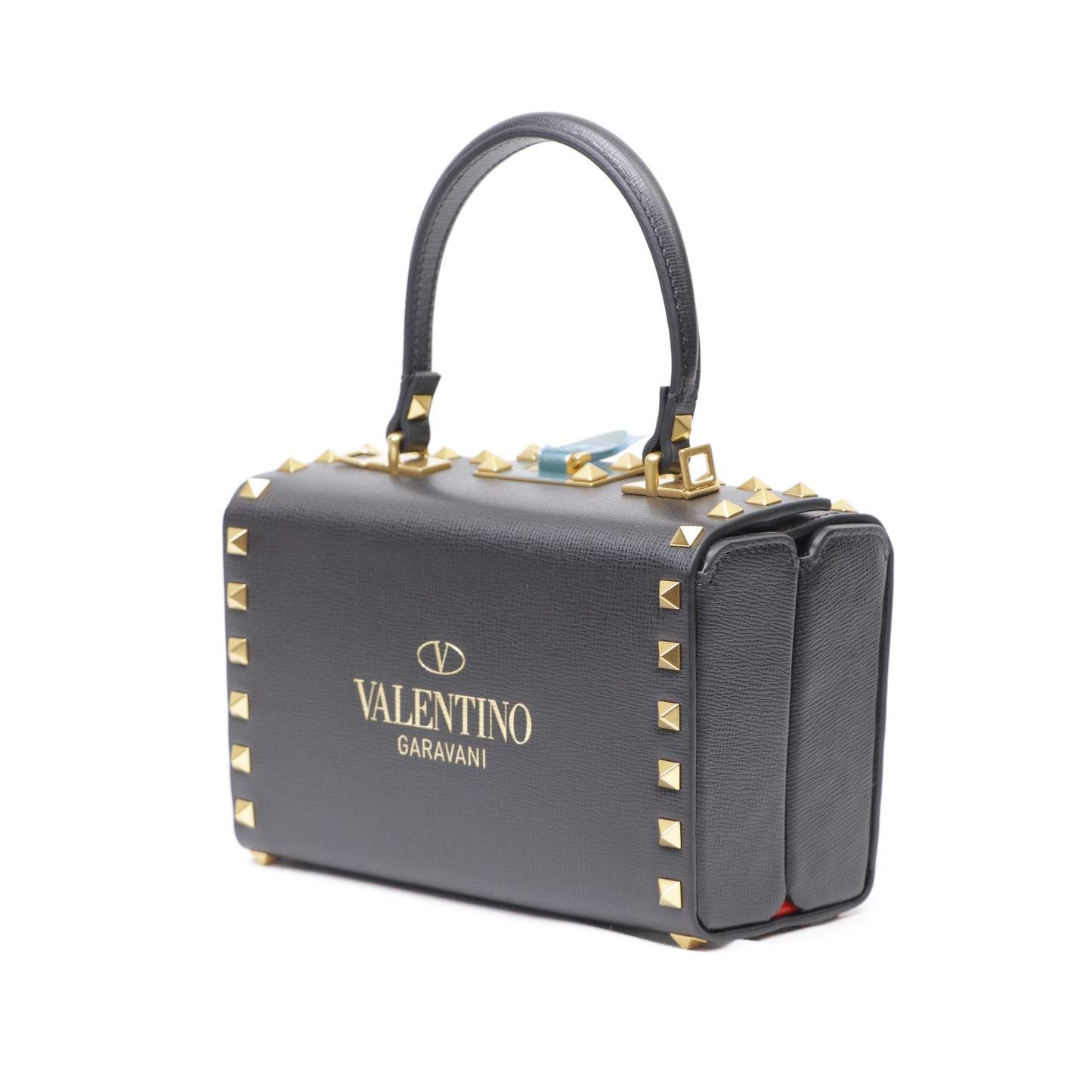 Valentino Black Leather Rockstud Alcove Box Top Handle Bag