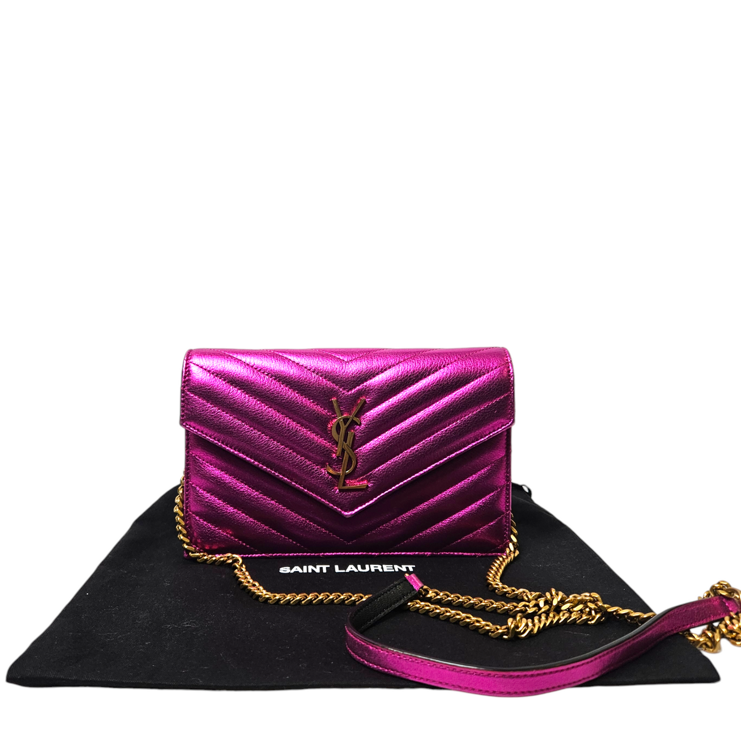 Saint Laurent Metallic Pink Wallet on Chain