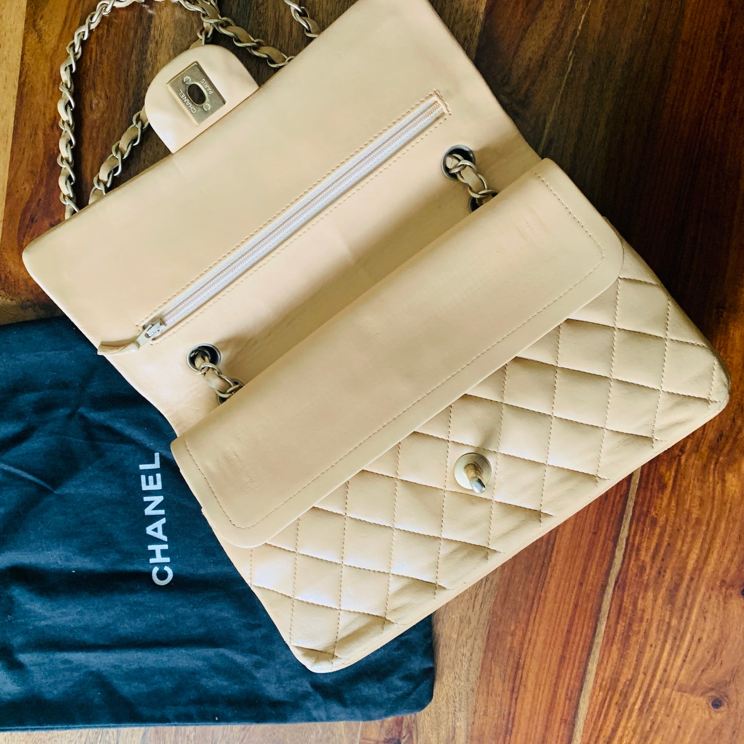 Chanel Medium Classic Double Flap Beige Shoulder Bag