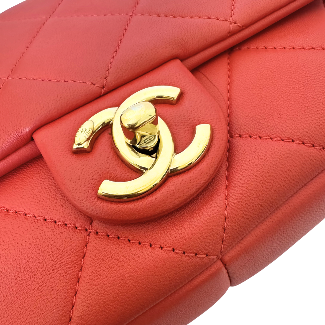 Chanel Flap Bag with Chunky Resin-Link Chain in Coral Red Lambskin