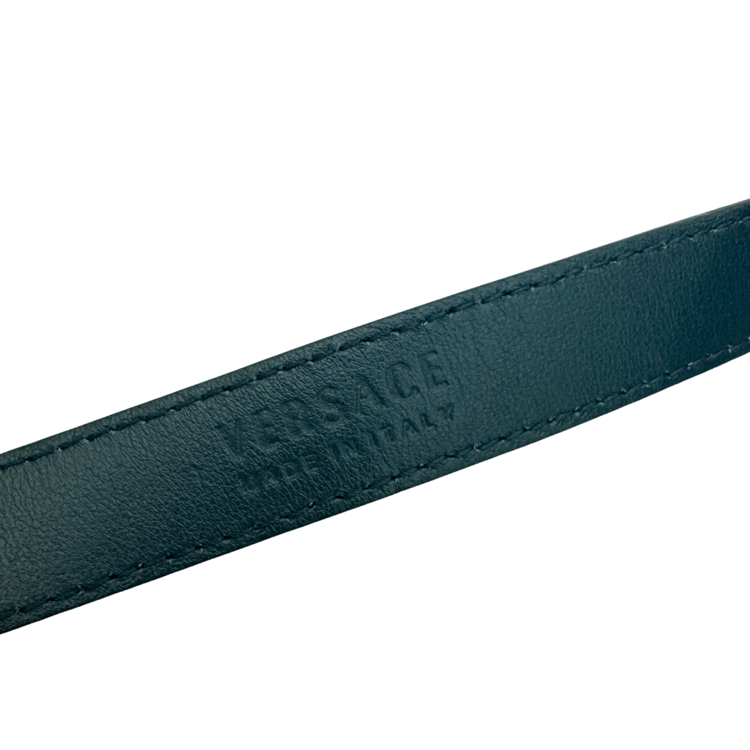 Versace Engraved Buckle Belt in Forest Green Leather, Size 100