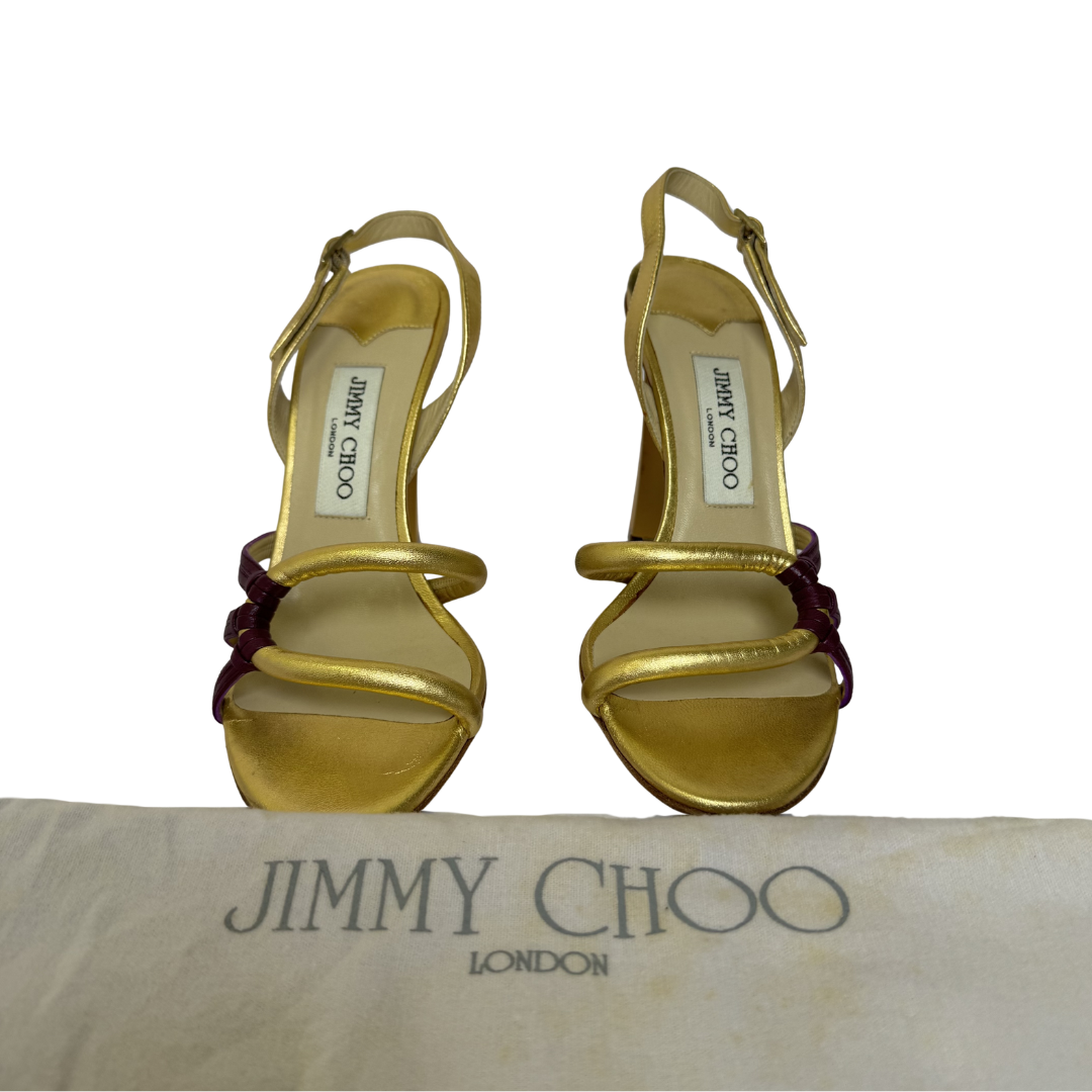 Jimmy Choo Golden and Burgundy Strap Evening Heels - Size 37