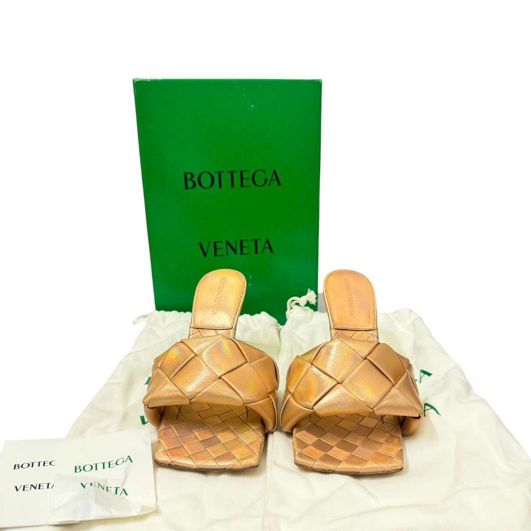Bottega Veneta Lido Metallic Woven Mules in Gold, Size 39.5