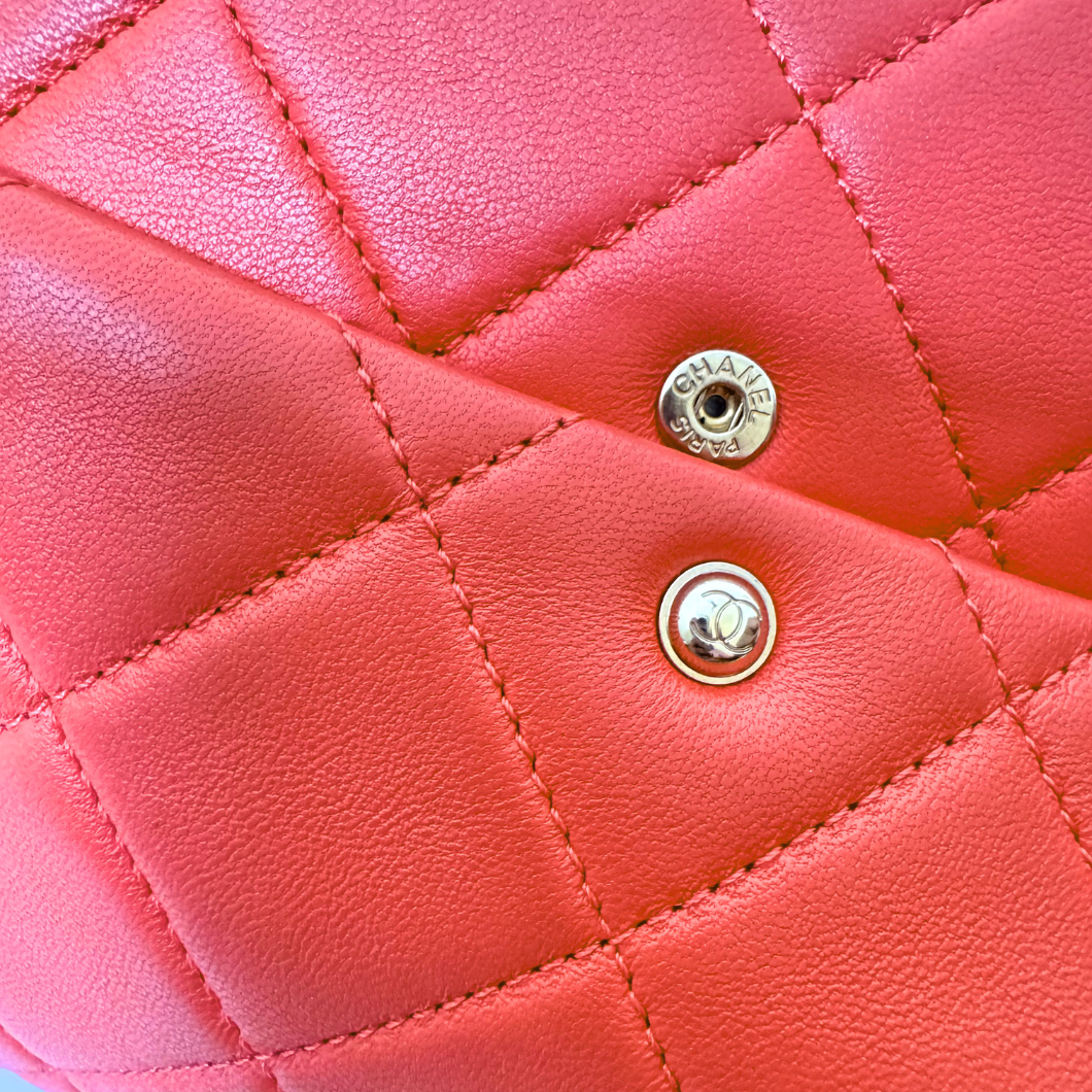 Chanel Flap Bag with Chunky Resin-Link Chain in Coral Red Lambskin