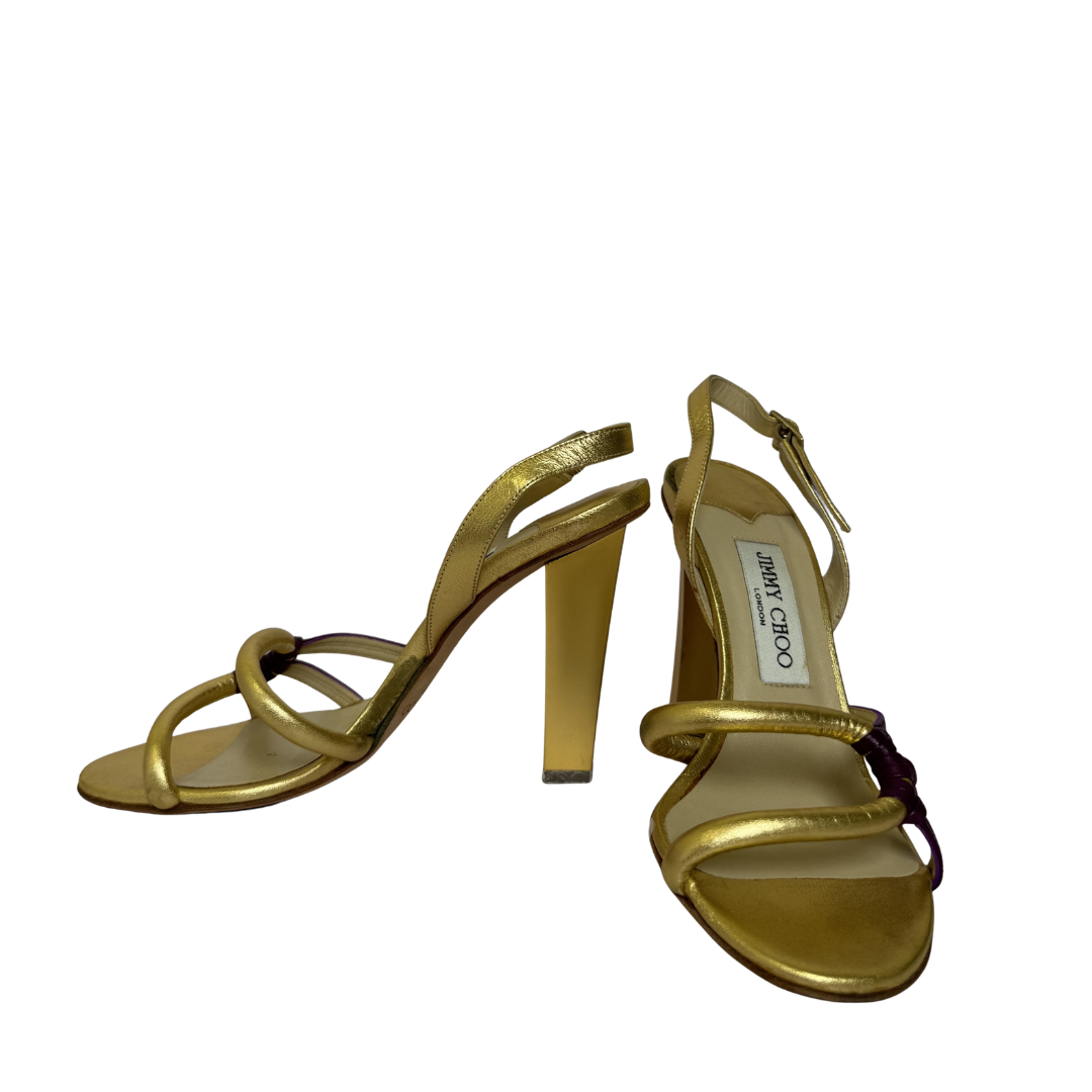 Jimmy Choo Golden and Burgundy Strap Evening Heels - Size 37