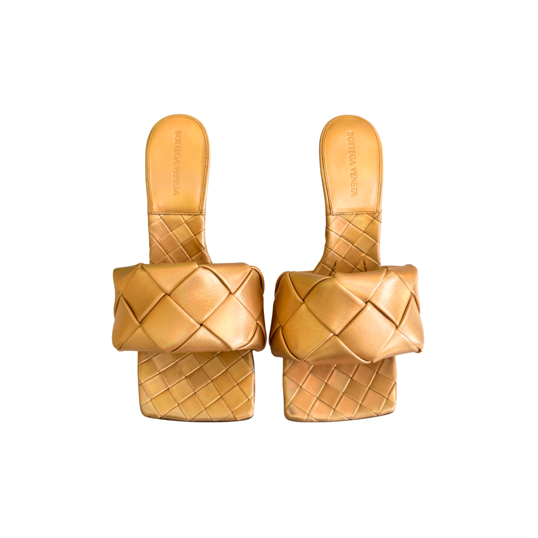 Bottega Veneta Lido Metallic Woven Mules in Gold, Size 39.5