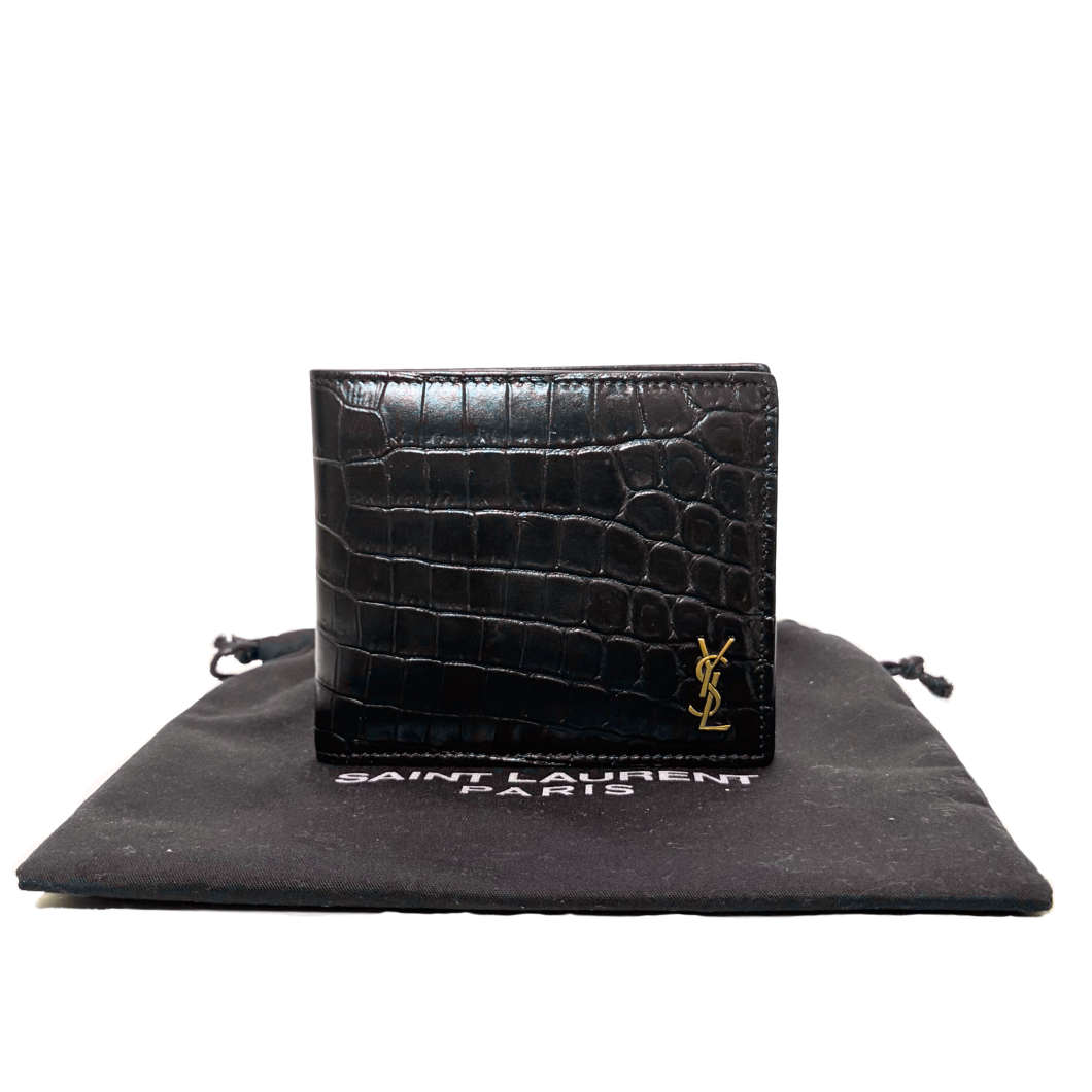 Saint Laurent Bifold Wallet in Black Crocodile-Embossed Leather