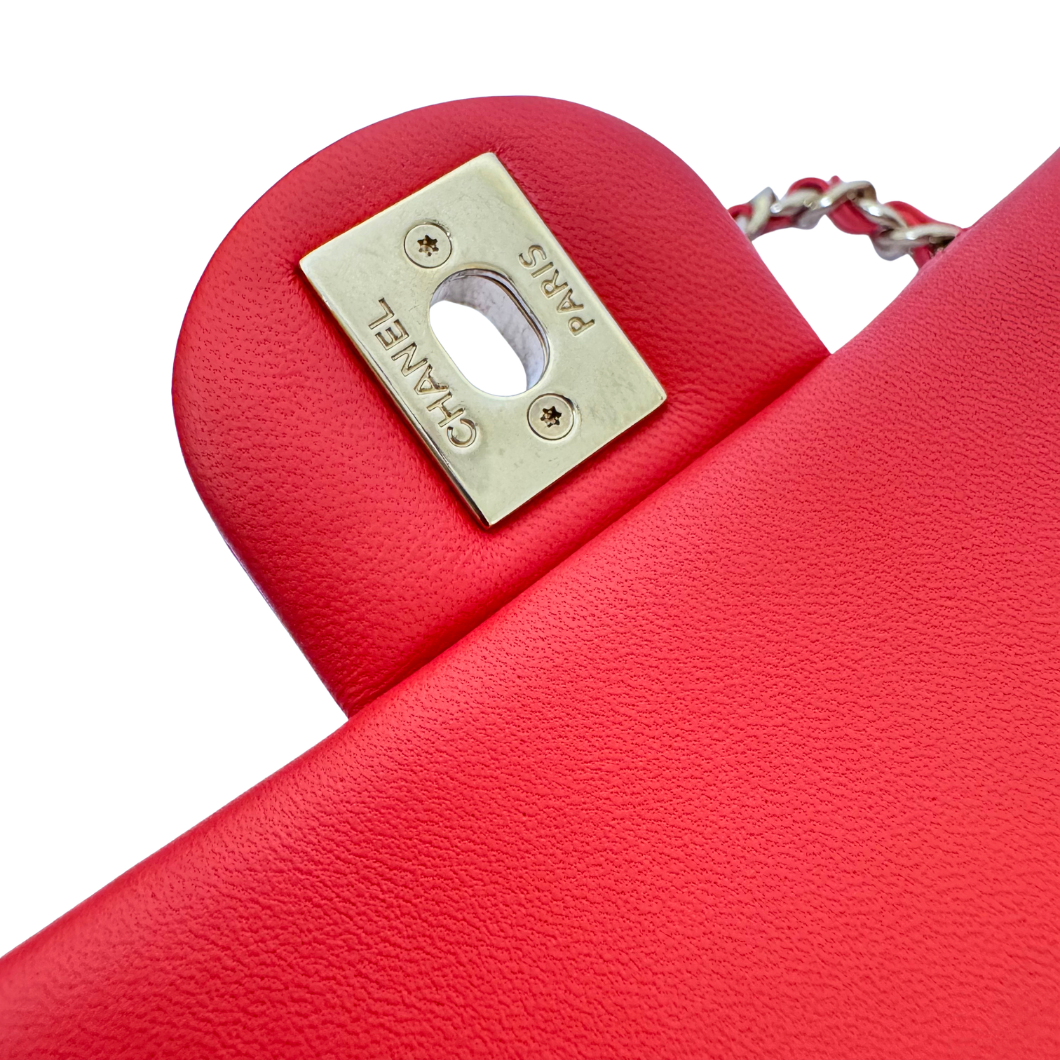 Chanel Flap Bag with Chunky Resin-Link Chain in Coral Red Lambskin