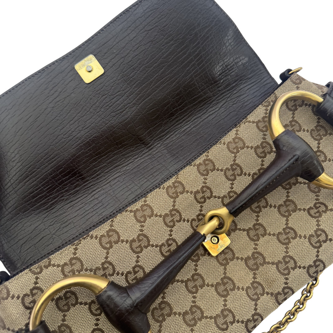 Gucci Monogram Horsebit Chain Bag in GG Supreme Canvas with Gold Hardware