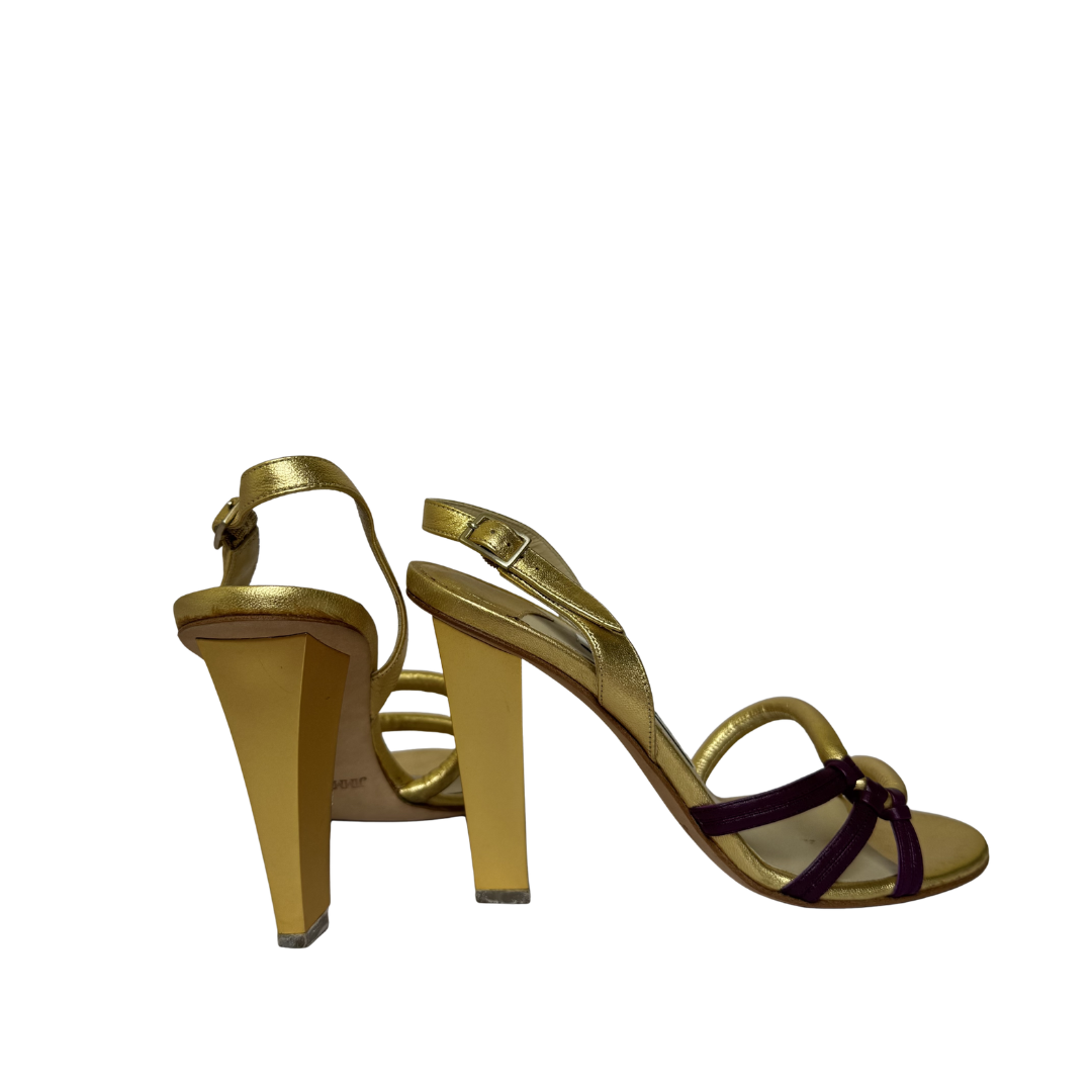 Jimmy Choo Golden and Burgundy Strap Evening Heels - Size 37