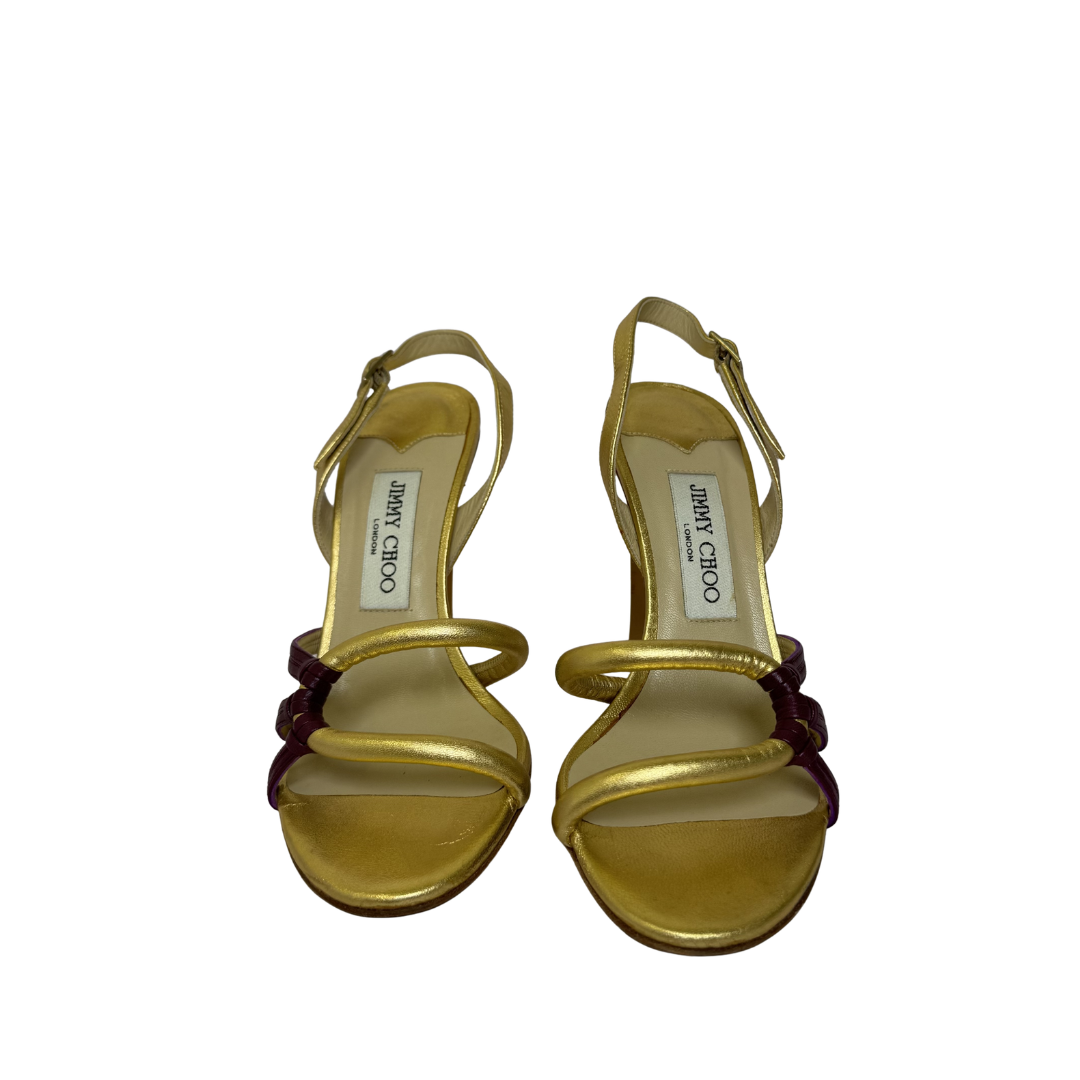 Jimmy Choo Golden and Burgundy Strap Evening Heels - Size 37