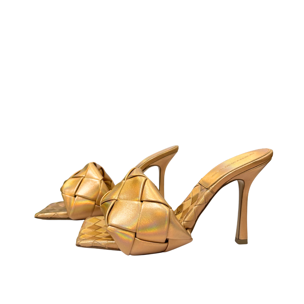 Bottega Veneta Lido Metallic Woven Mules in Gold, Size 39.5