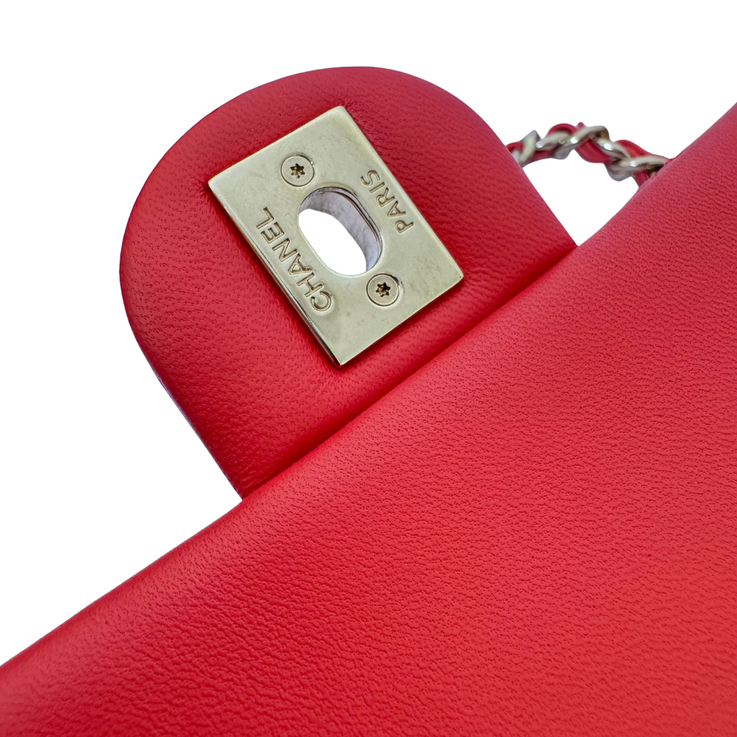 Chanel Flap Bag with Chunky Resin-Link Chain in Coral Red Lambskin
