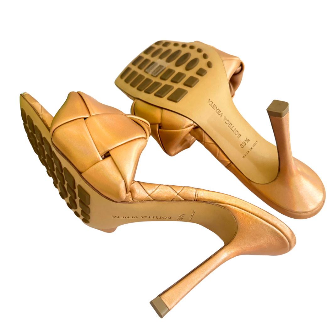 Bottega Veneta Lido Metallic Woven Mules in Gold, Size 39.5