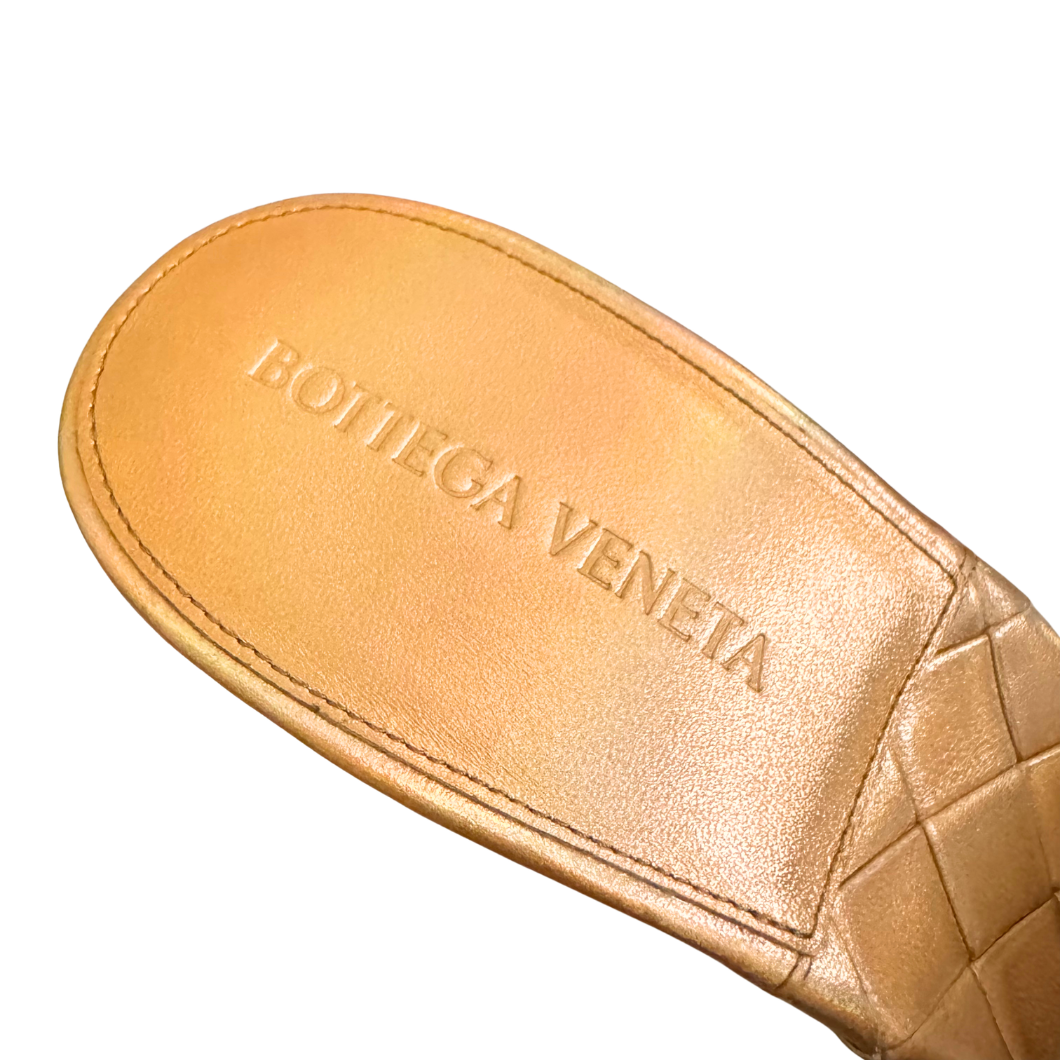 Bottega Veneta Lido Metallic Woven Mules in Gold, Size 39.5